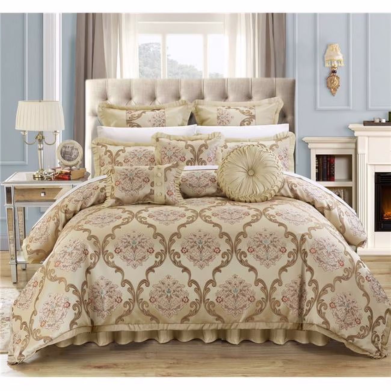 Chic Home  Perfect Angelo Jacquard Scroll Fabric Complete Master Bedroom Comforter Queen Bed Set, Beige - 13 Piece