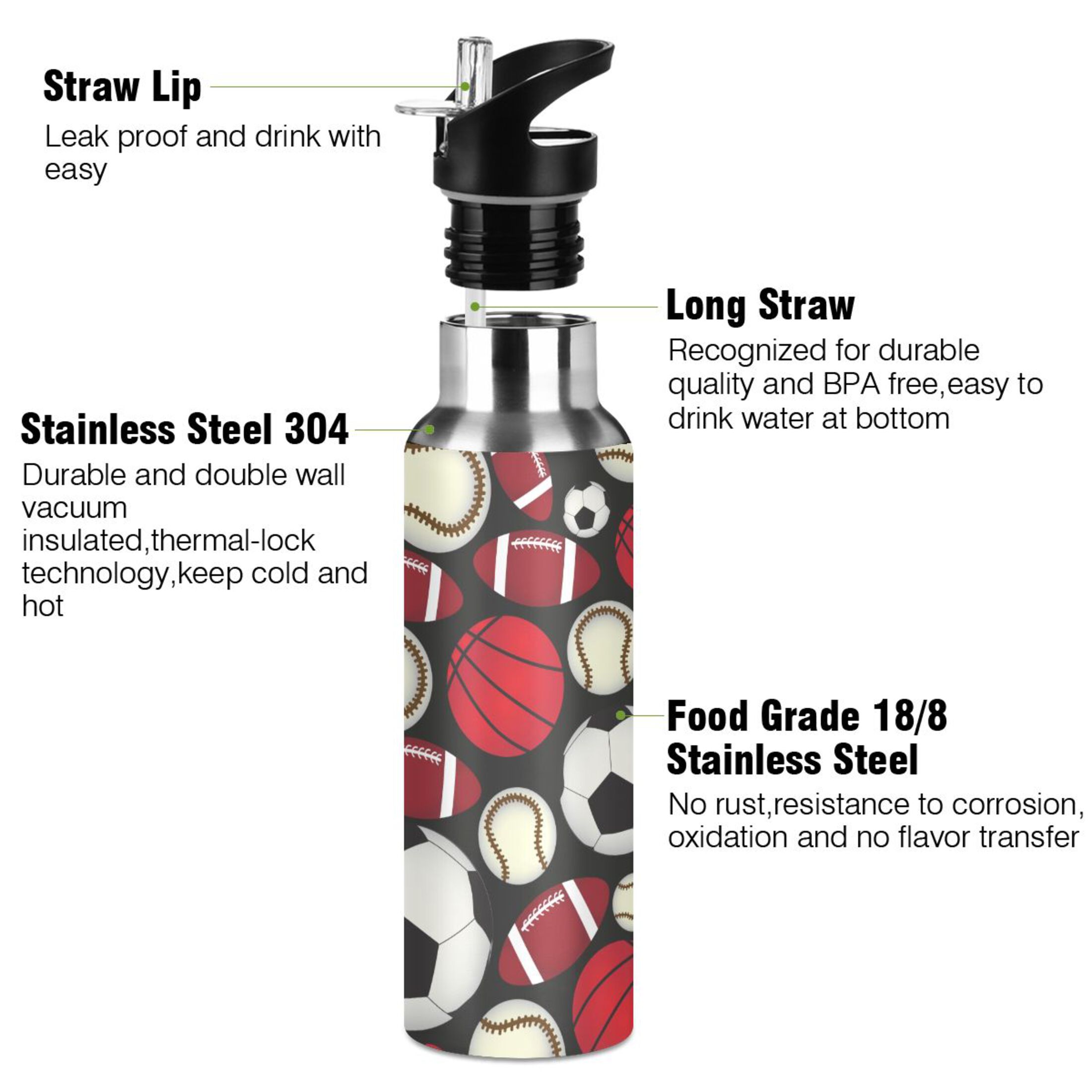 Water Bottle with Straw Lid Leak Sport Balls Stainless Steel Insulated Thermos Vacuum Flask for Cold Hot Drinking for Sports Camping Gym Yoga