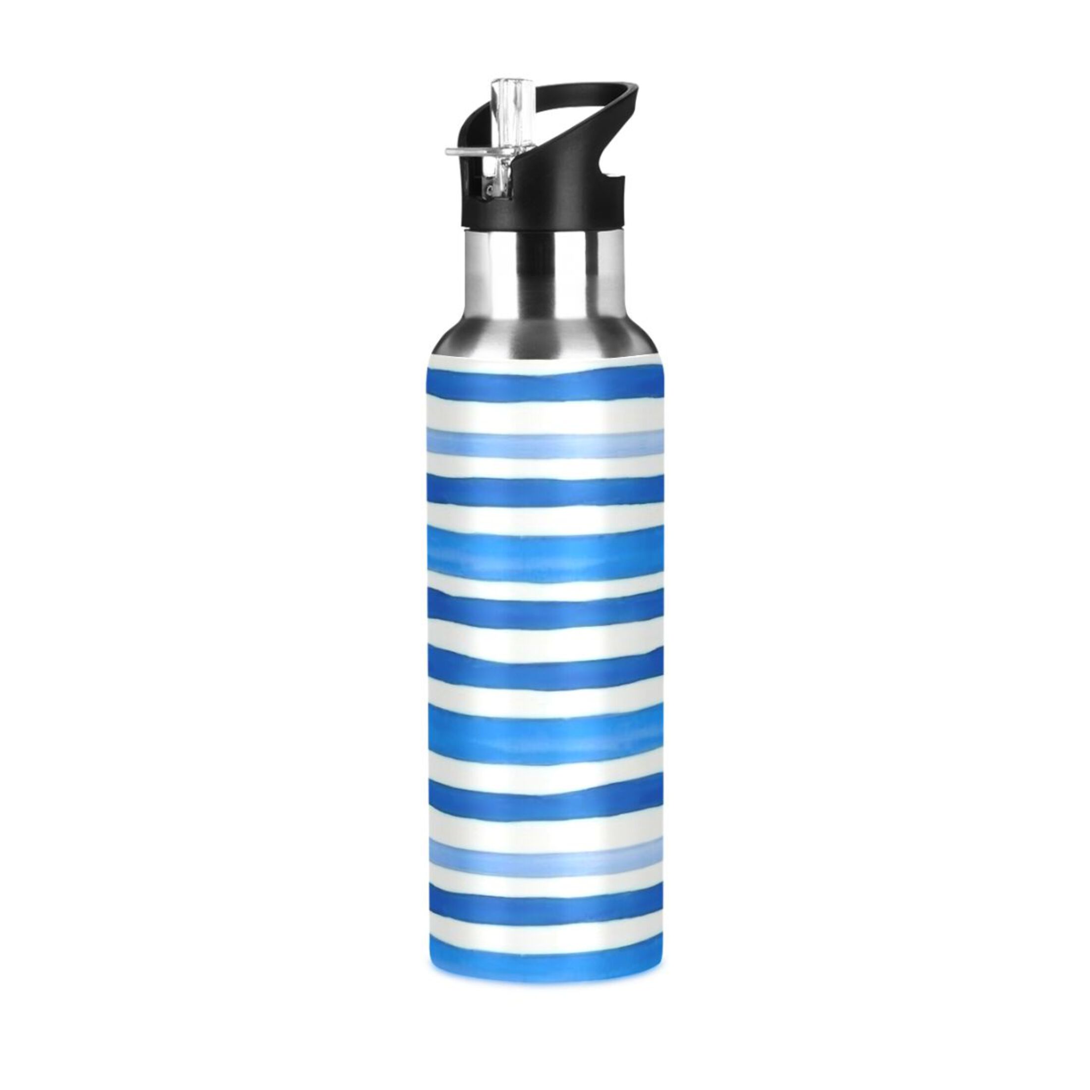 Stainless Steel Water Bottle Trendy Blue Stripe with Straw Lid Vacuum Insulated Leak Proof Flask Jug for Gym Travel Sports Cycling Outdoor 20 OZ