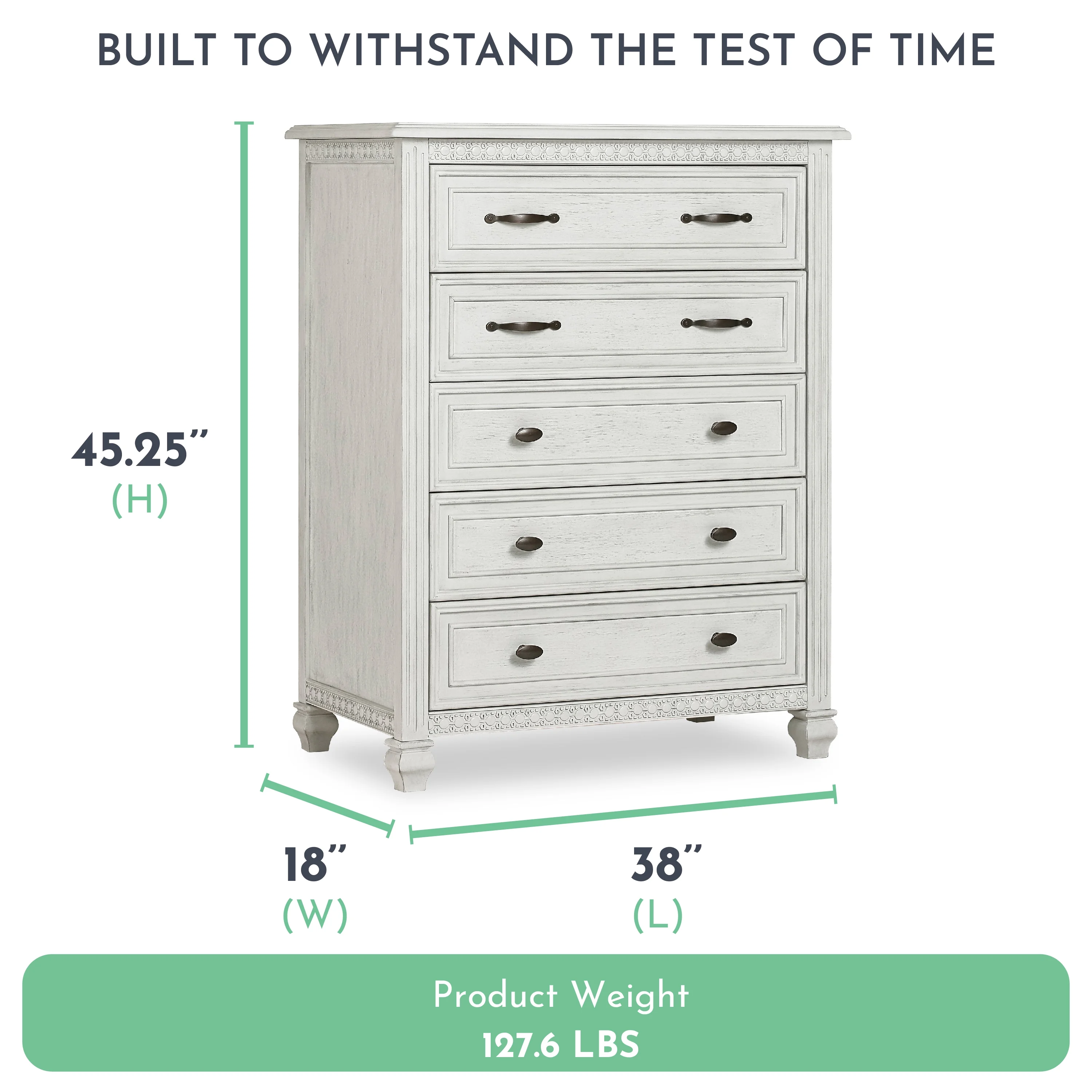 Evolur Madison Tall Chest, Antique Grey Mist, 5 Spacious Drawers