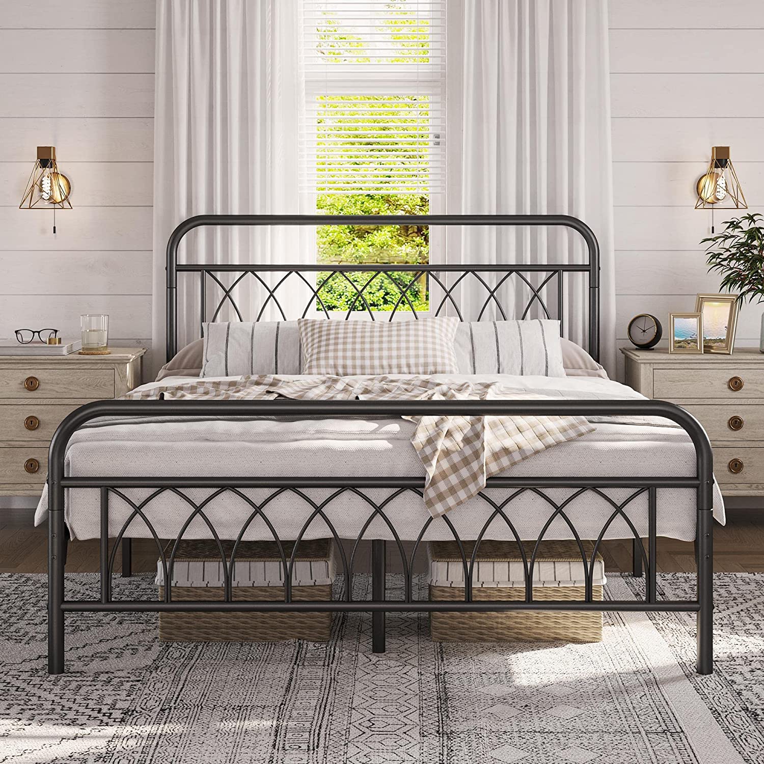 Queen Bed Frame Metal Platform Bed with Petal Accented Headboard/Footboard/14.4 Inch Under Bed Storage/No Box Spring Needed,Black