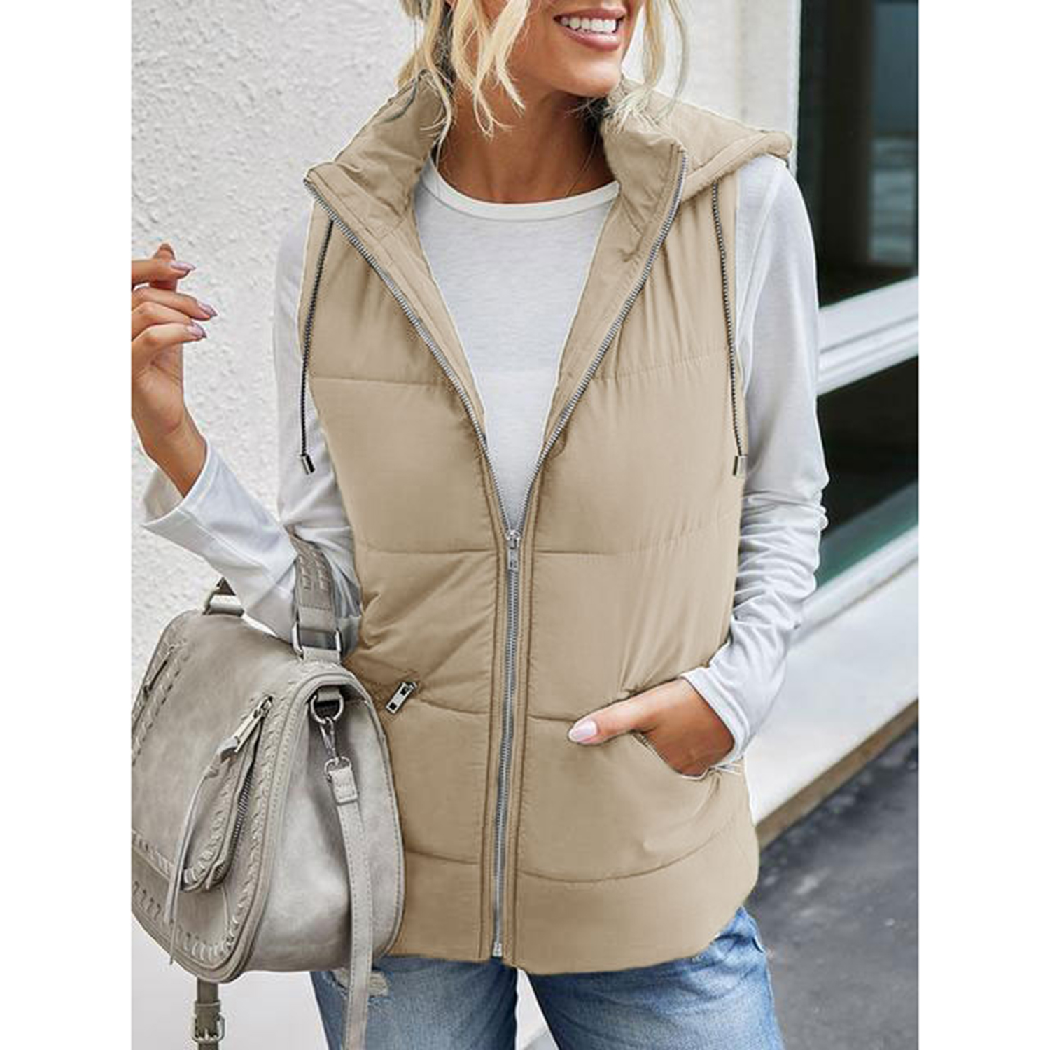 Mafulus Women's Lightweight Hooded Outwear Vest Stand Collar Zip Padded Sleeveless Coat With Pockets