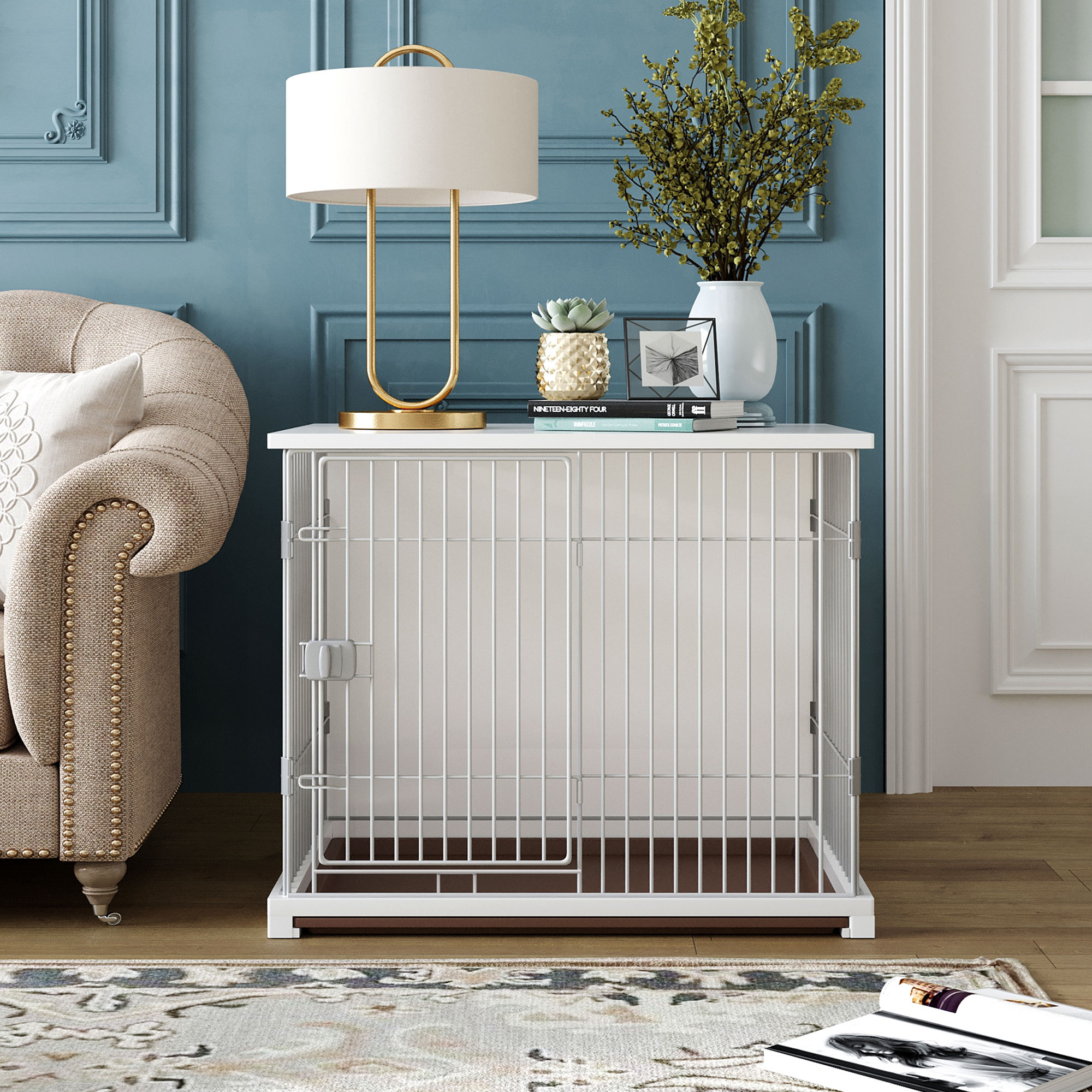 LANTRO JS 34 Length Elegant Wooden Structure White Dog Cage Crate, End Table with movable salver, Decorative Dog House Cage Indoor Use, Furniture style, with wide table top.