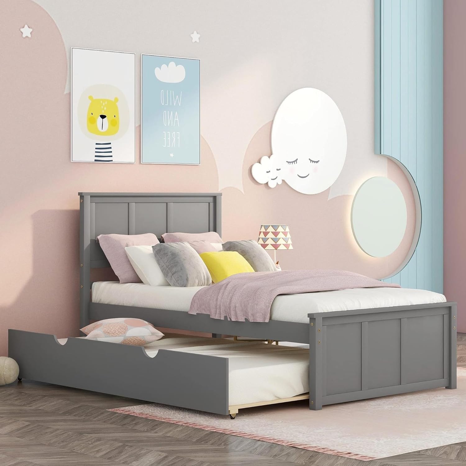 Bed Frame With Trundle, Kids Platform Bed With Pull Out Trundle,Solid Wood, No Box Spring Needed