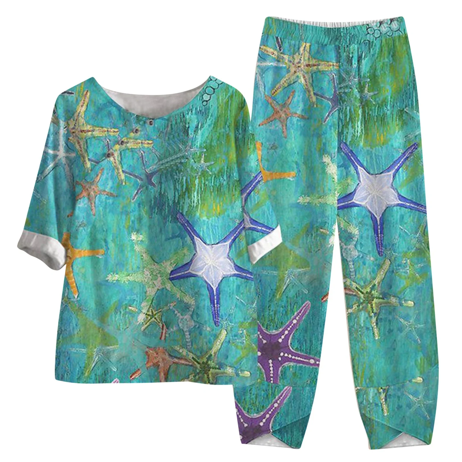 PMUYBHF Birthday Outfits for Women Winter Petite Ladies Five Sleeve Printed Blouse Pants Two Piece Suit Graduation Outfit for Women Summer Two Piece Outfit Women