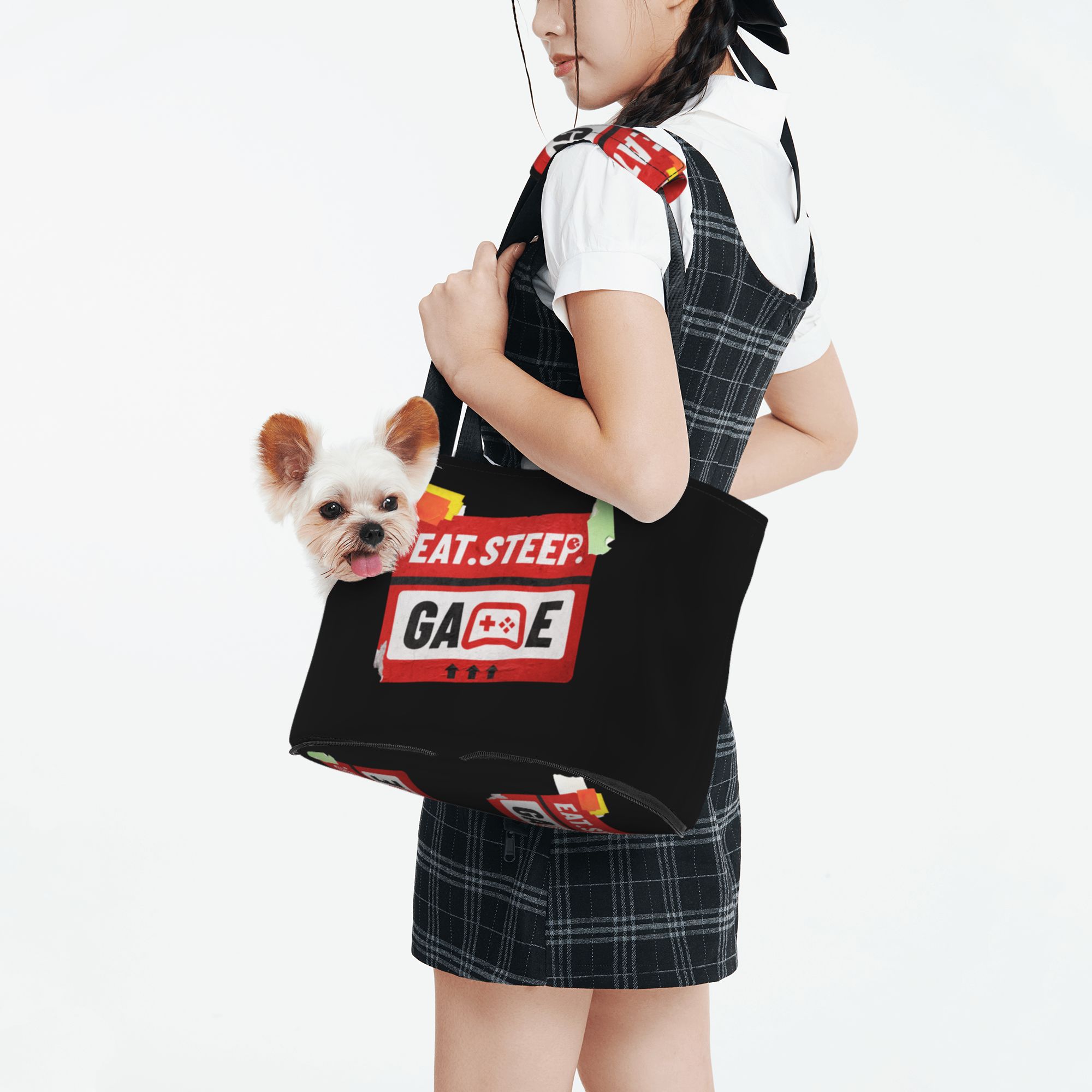 TEQUAN Foldable Dog Purse Carrier, Collapsible Red Eat Sleep Games Tags Prints Pet Travel Tote Bag for Small Cat Puppy, Waterproof Dog Soft-Sided Carriers