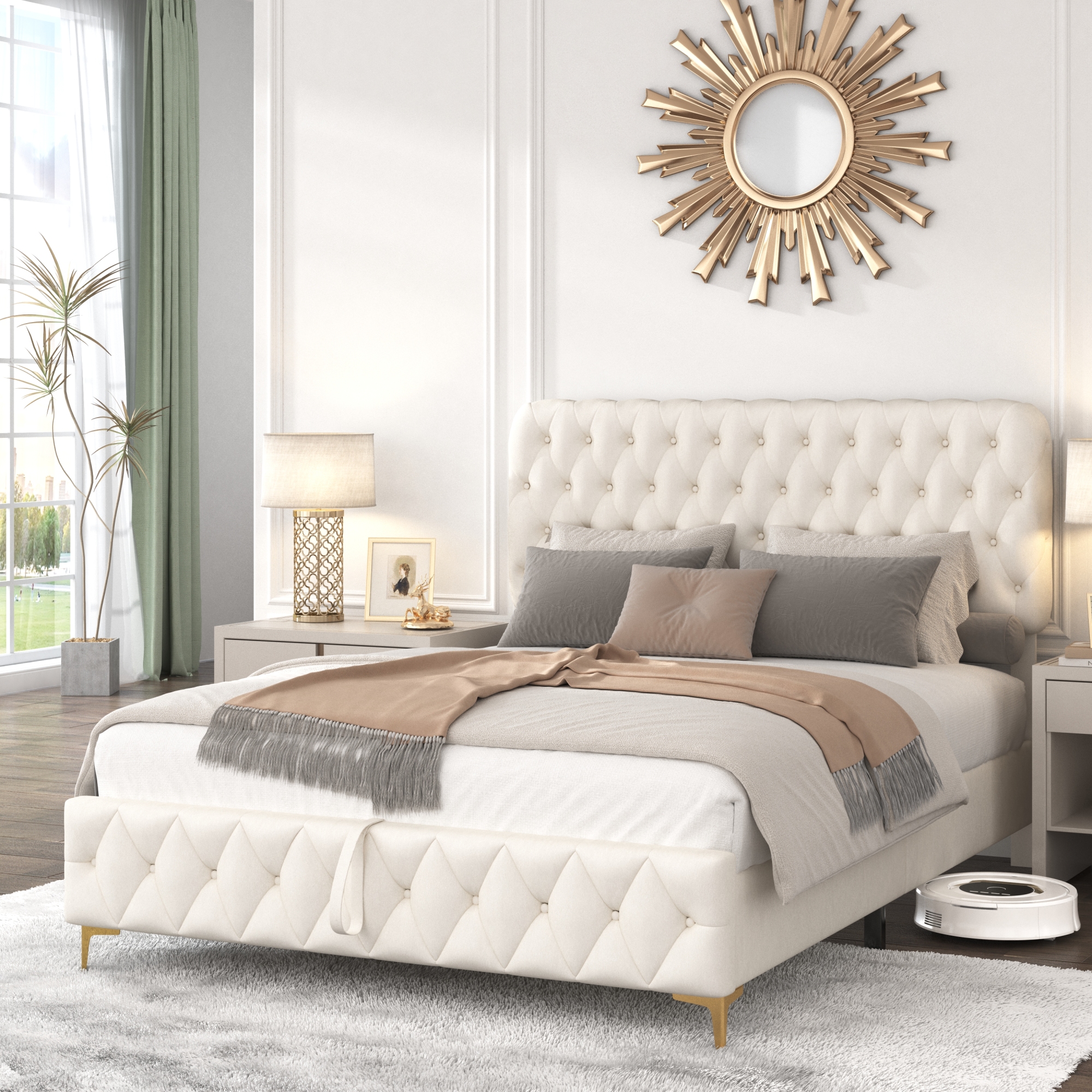 Beige Full Platform Bed Frame with Pneumatic Hydraulic Function, Velvet Upholstery, Deep Tufted Buttons, and Hidden Underbed Storage