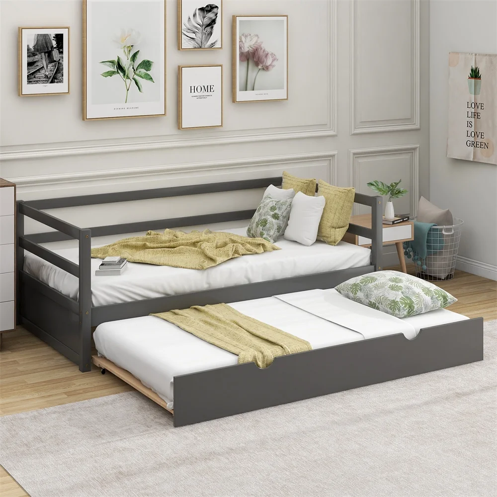 Twin Daybed with Trundle Frames Solid Wood Twin Size Bed with Roll-Out Trundle, Gray
