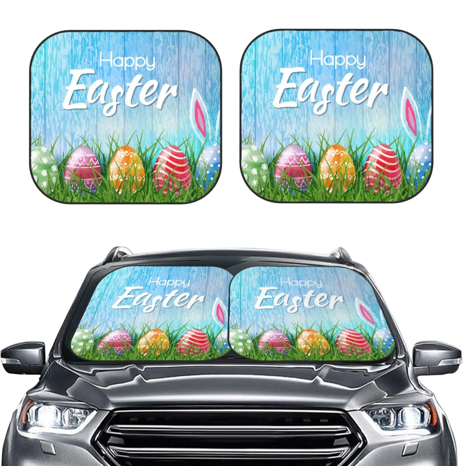 Lukts Happy Easter Print 2 Piece Car Sun Shade Windshield,Foldable Car Shade Front Windshield With Keeps Your Vehicle Cool, For Most Sedans Suv And Trucks - Small