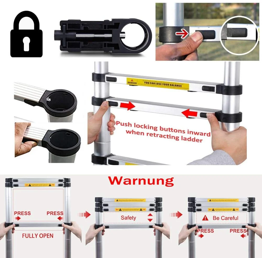 Bowoshen 16.5Ft Aluminum Telescoping Ladder,2 Detachable Hooks Multi-Use Retractable Foldable Extension Step Attic Ladder,330lbs Load Capacity