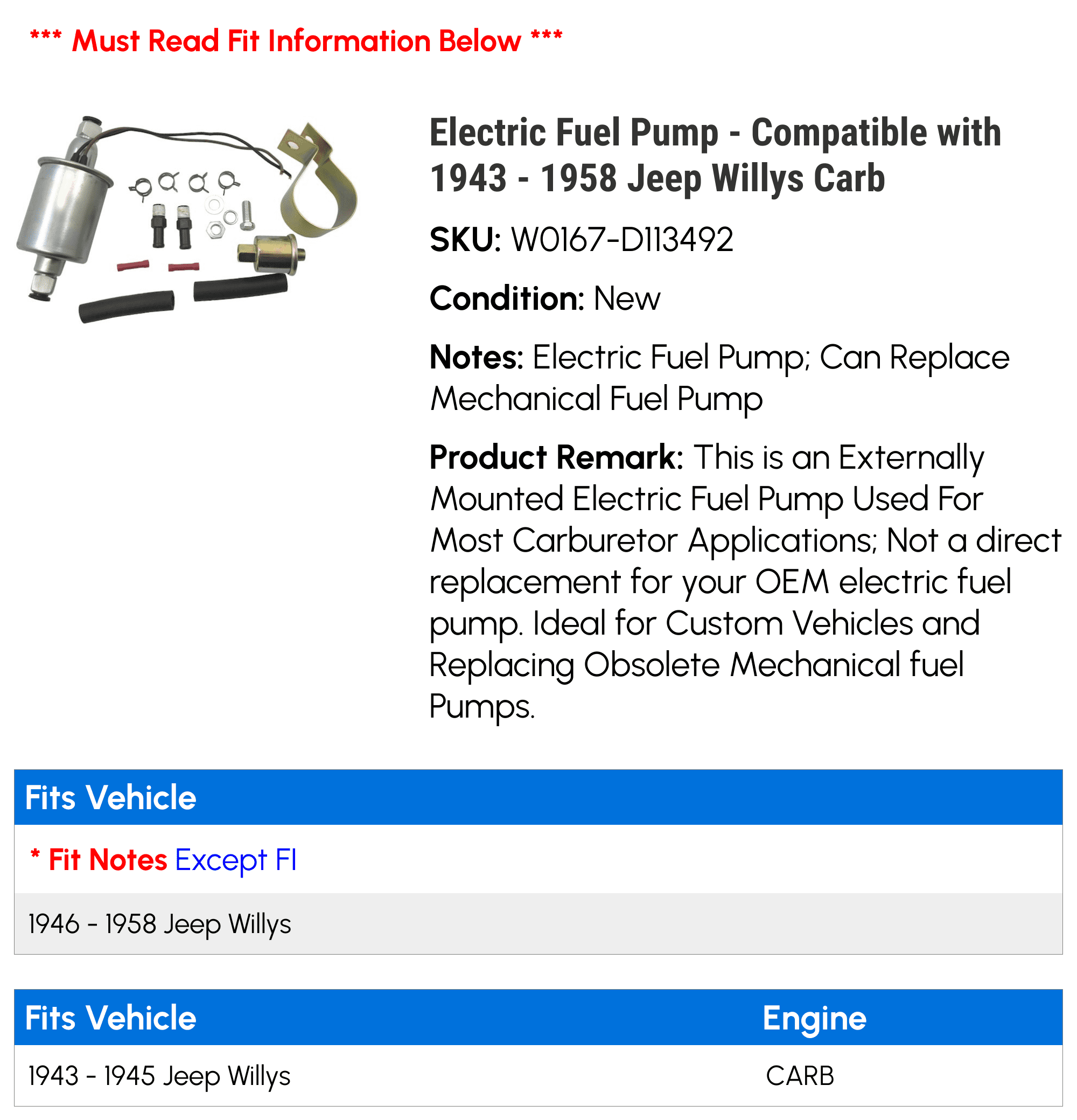 Electric Fuel Pump - Compatible with 1943 - 1958 Jeep Willys Carb 1944 1945 1946 1947 1948 1949 1950 1951 1952 1953 1954 1955 1956 1957
