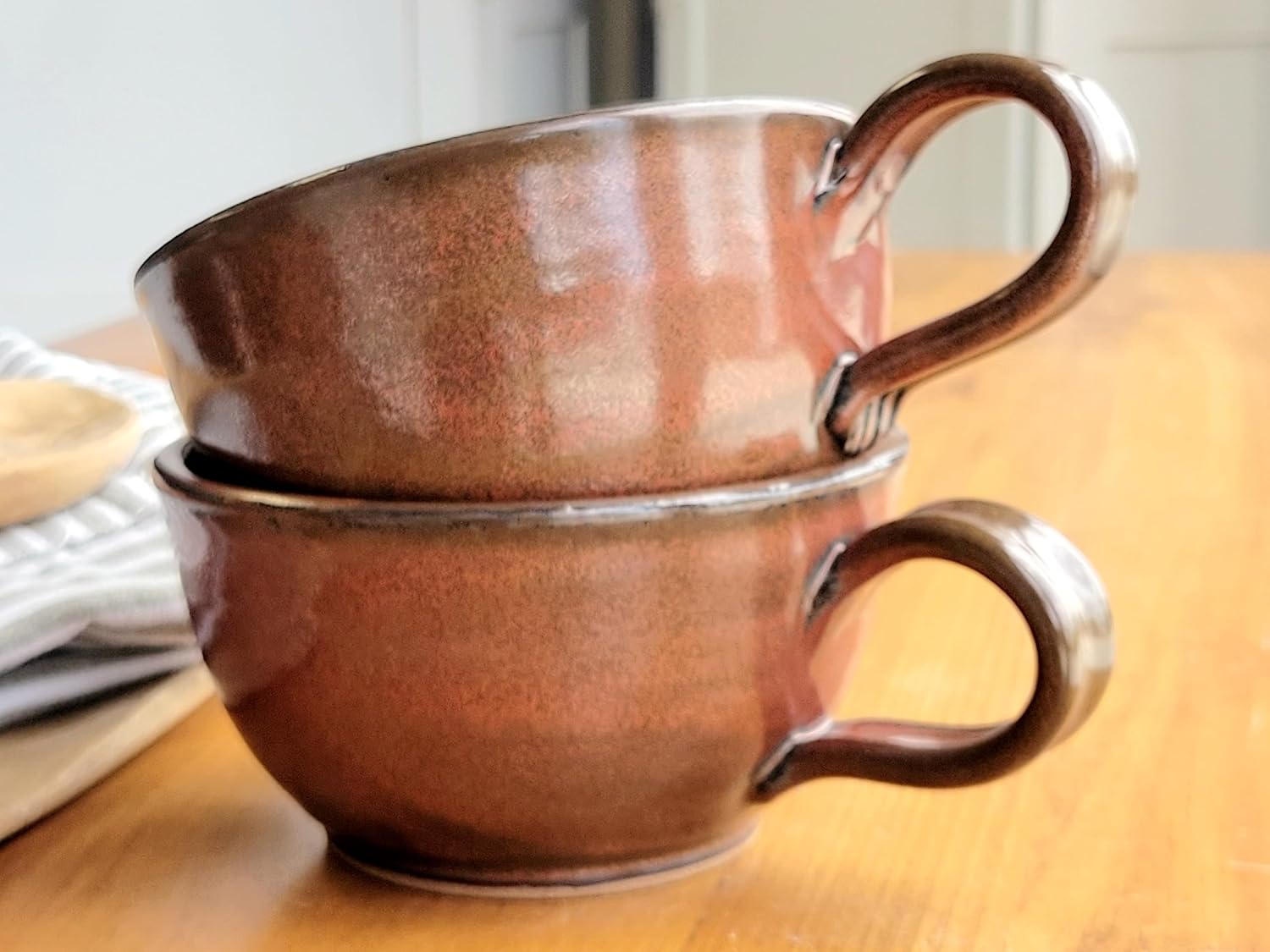 Farmhouse Soup Bowls With Handles Set Of 2 Deep Large - Hanging Kitchen Chowder Mugs - Handmade Pottery Decor (Rust)