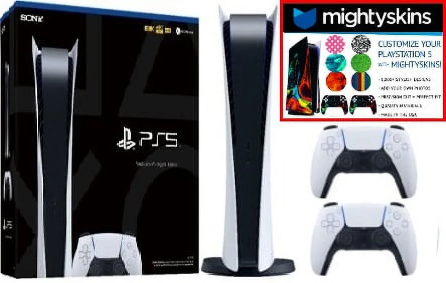 Sony Playstation 5 Digital Version (Sony PS5 Digital) with Extra Glacier White DualSense Wireless Controller and Mightyskins Voucher