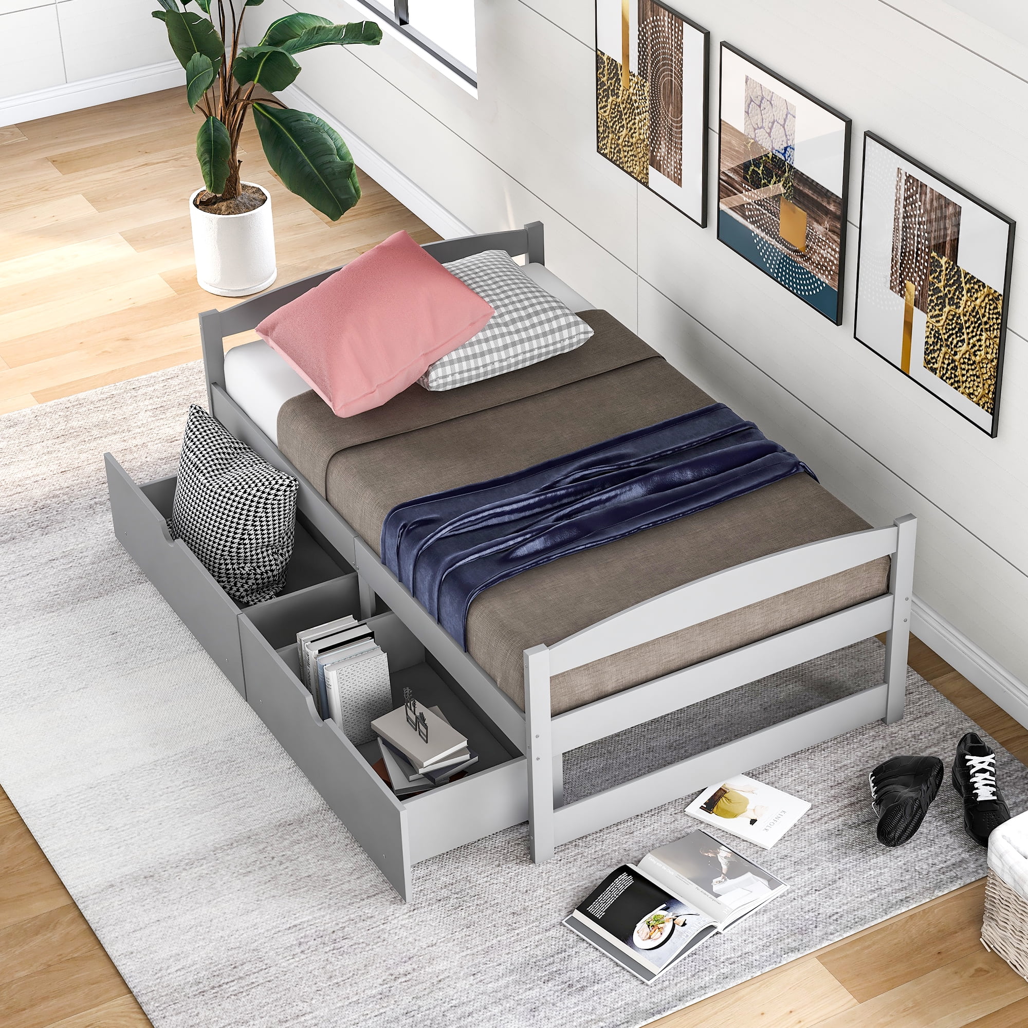 Double bed long bed with two drawers storage sofa bed with drawers for children's guests classic style double size frame platform bed grey