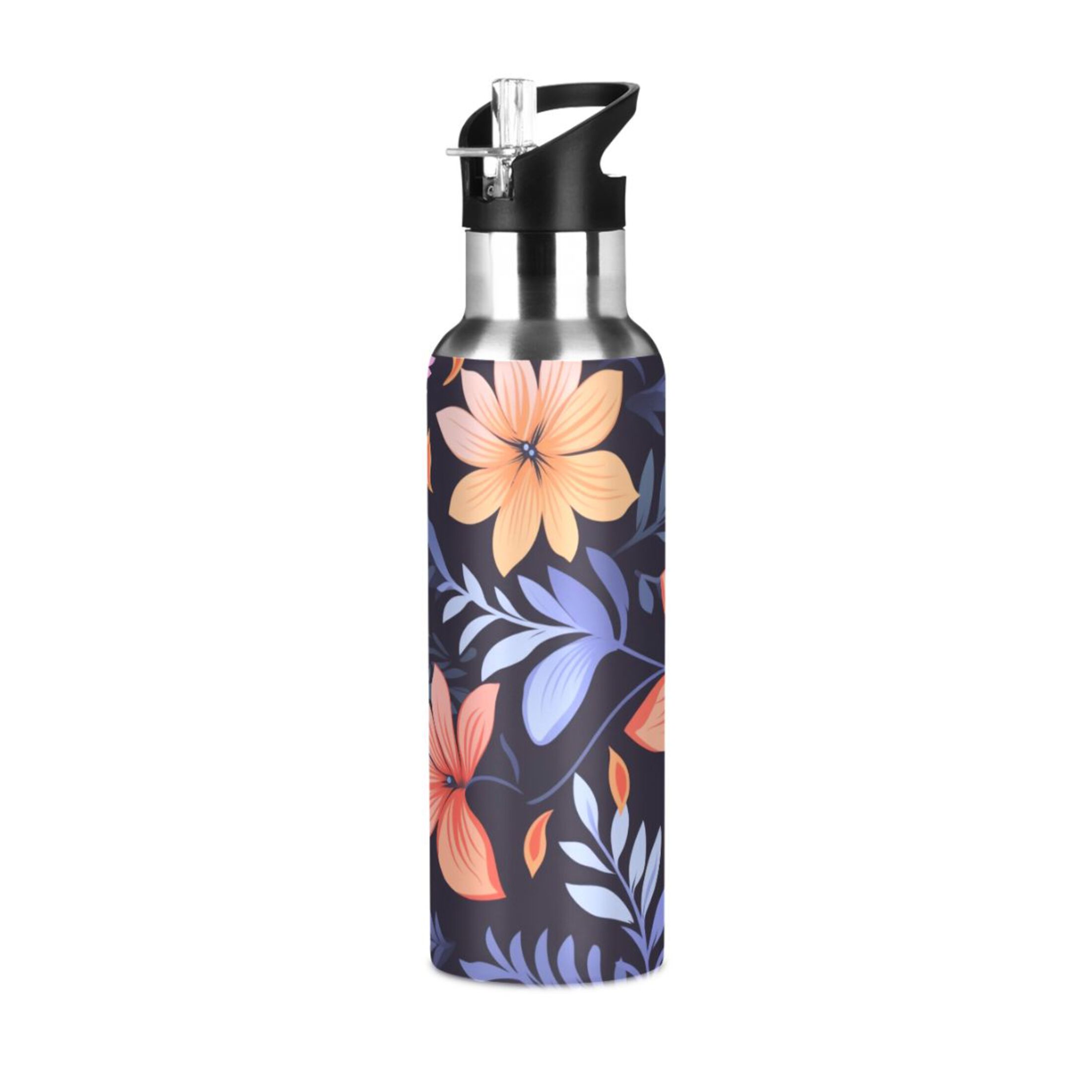 Hibiscus Flowers Water Bottles Insulated Thermos Kids Stainless Steel Bottle with Straw Lid Flask Leakproof for Sports Gym 20 oz