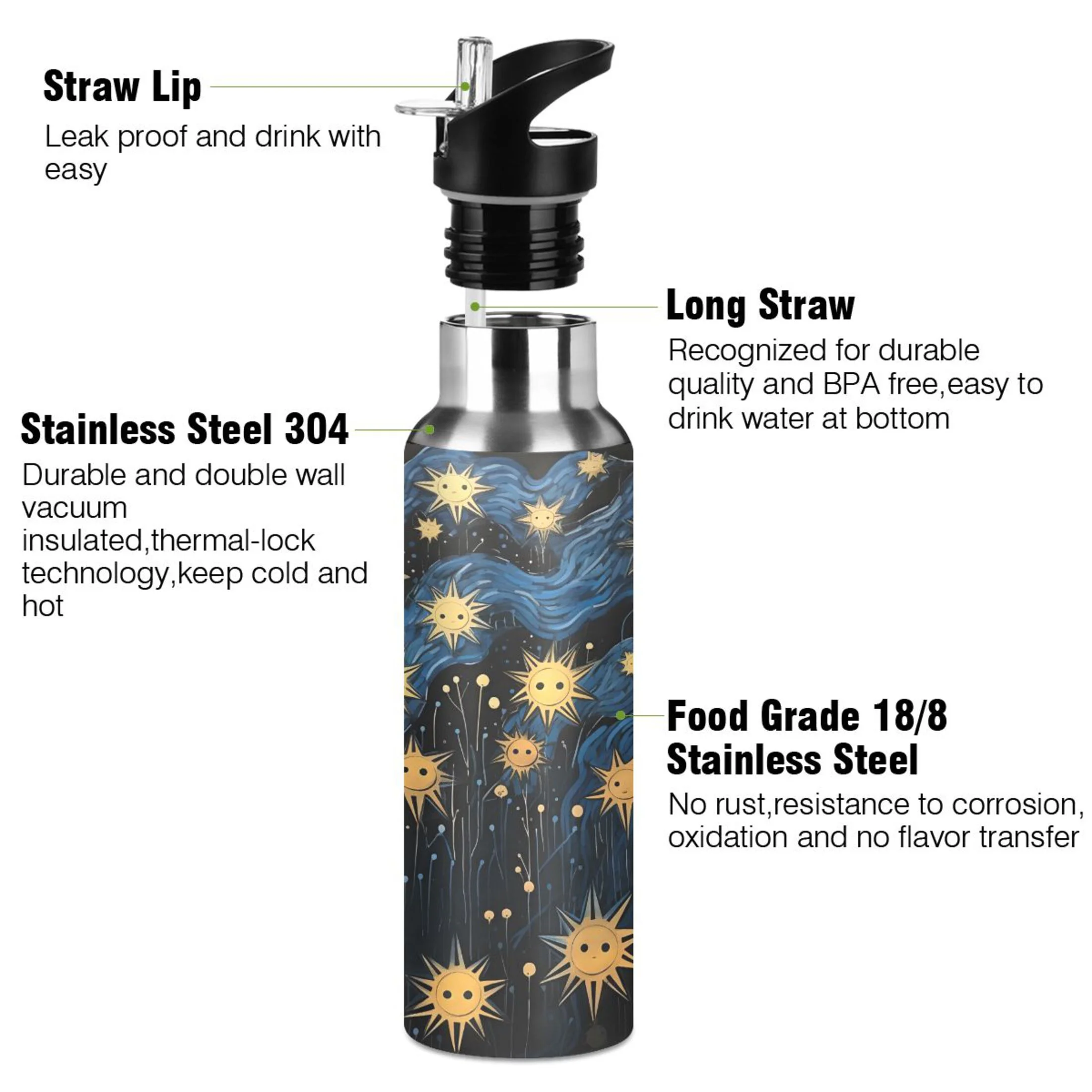 Water Bottle with Straw Lid Leak Cute Sunflowers on Blue Stainless Steel Insulated Thermos Vacuum Flask for Cold Hot Drinking for Sports Camping Gym Yoga