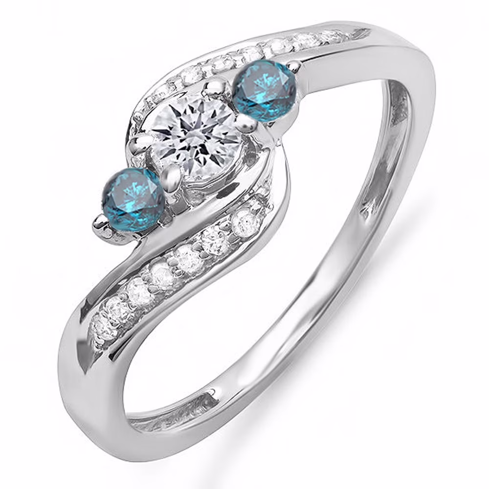 Dazzlingrock Collection 0.50 Carat (ctw) 18k Round Blue And White Diamond Swirl Engagement 3 Stone Ring, White Gold, Size 6.5