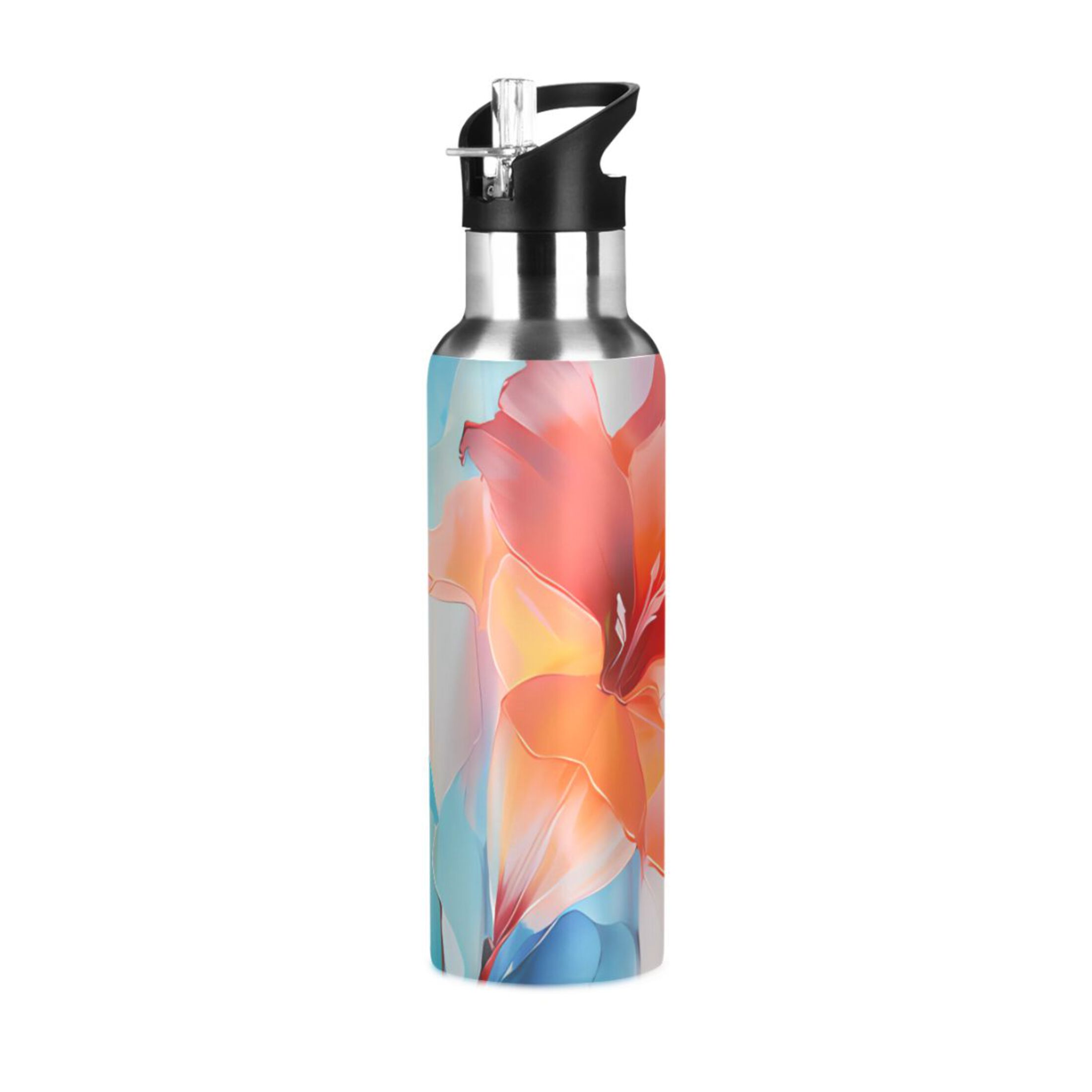 Abstract Hibiscus Flowers Water Bottles Insulated Thermos Kids Stainless Steel Bottle with Straw Lid Flask Leakproof for Sports Gym 20 oz