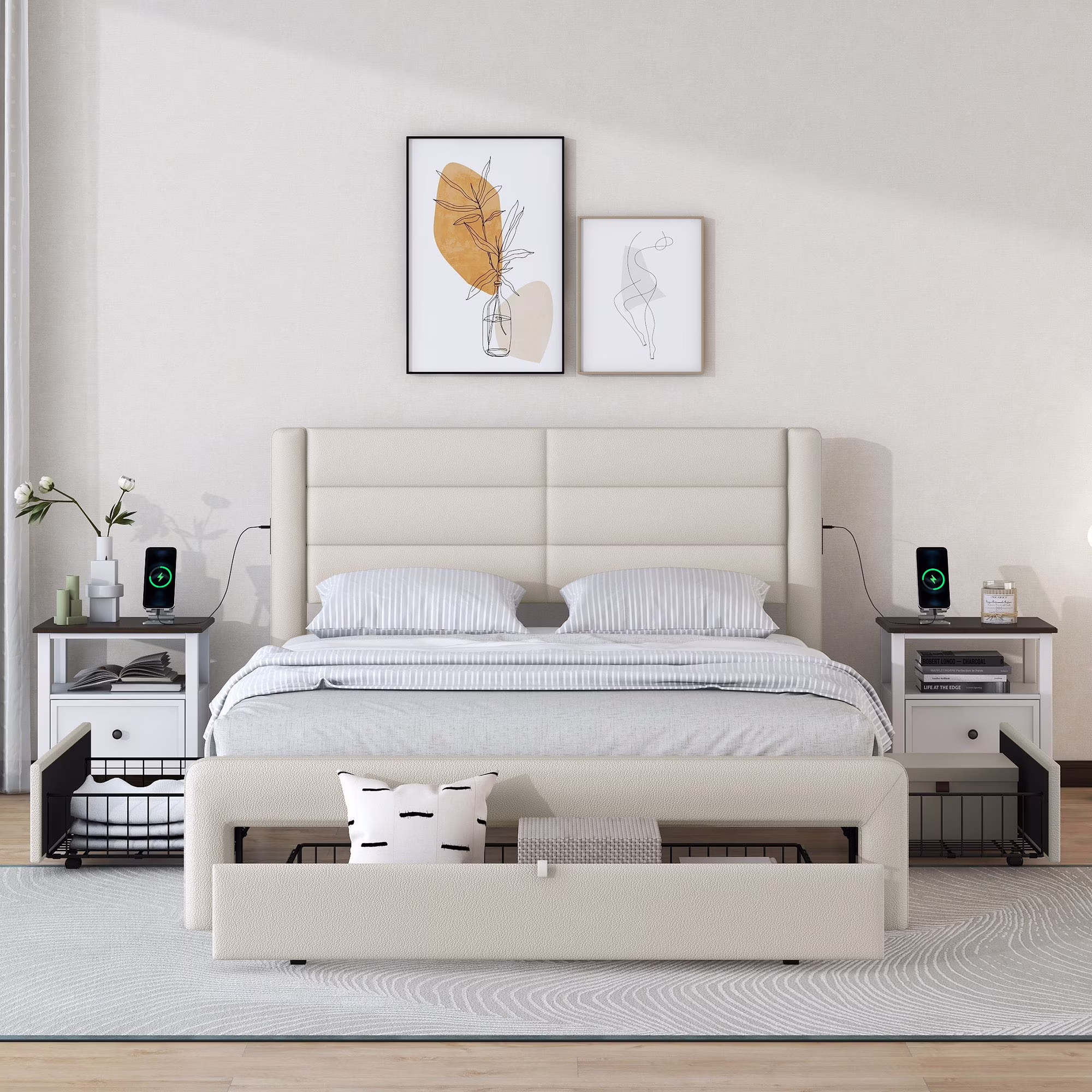 Queen Bed Frame with Storage Drawers - Upholstered Platform Bed, Convenient Queen Size Bedframe with Storage-Beige