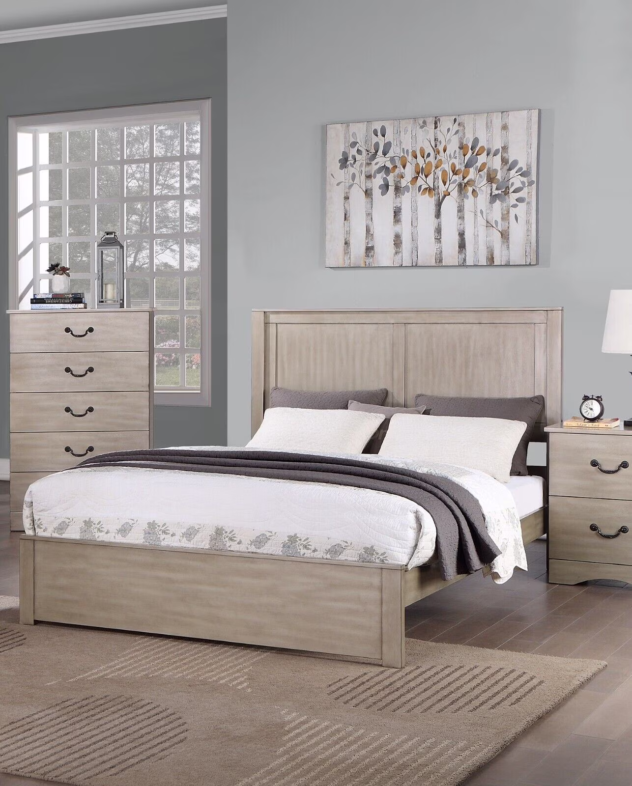 California King Size Bed 2-Panel Design Headboard Chic Simple Light Tan Finish Wooden Bedroom Furnuiture 1pc Bedframe