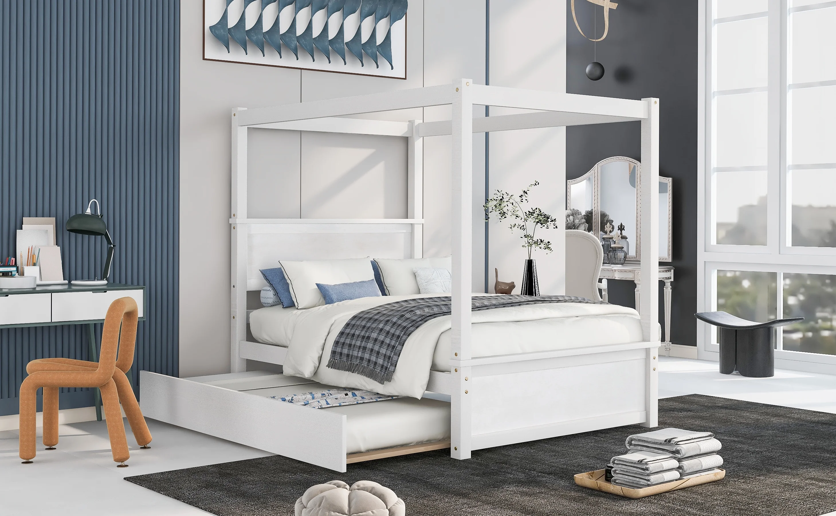 Dcenta Wood Canopy Bed with Trundle Bed ,Full Size Canopy Platform bed With Support Slats .No Box Spring Needed, White