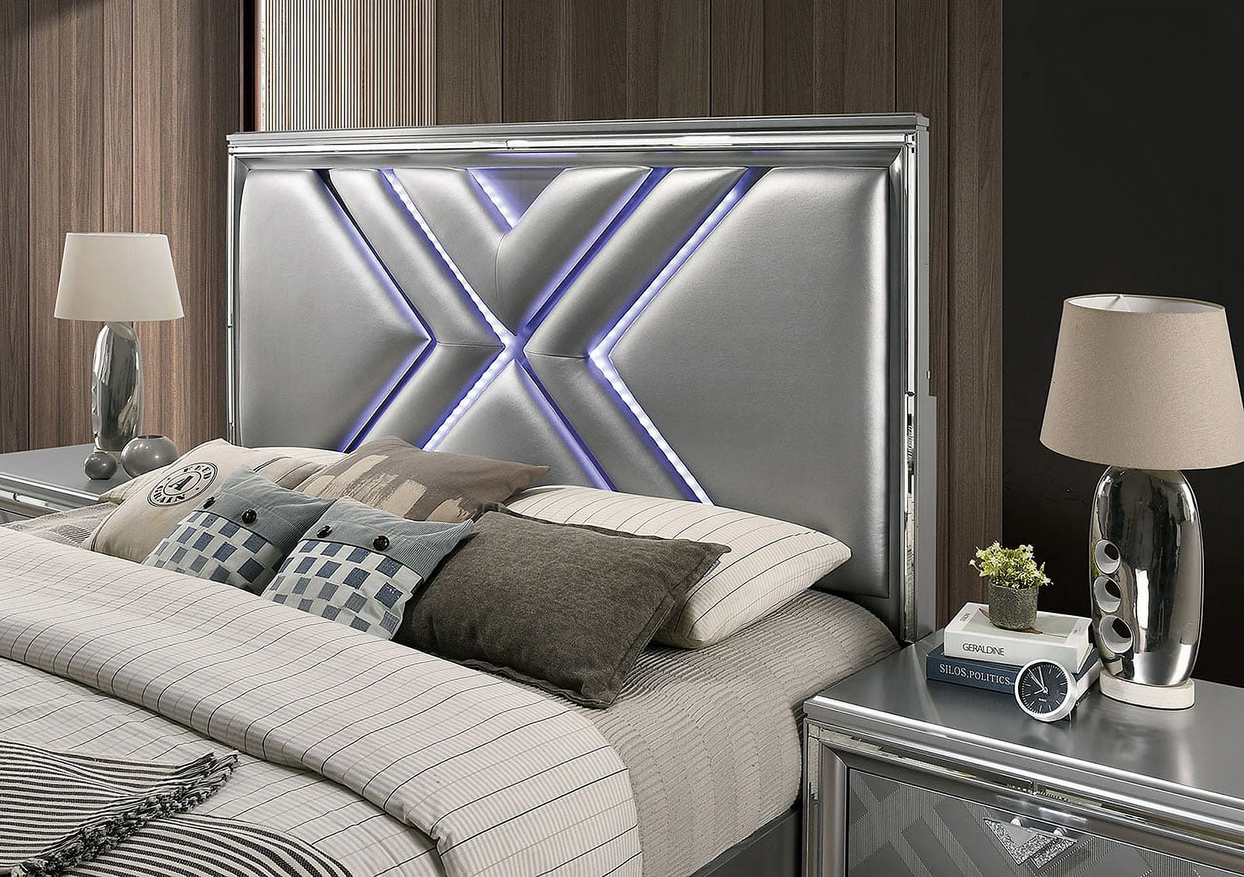 Classic Pattern Queen Size Bed w Drawers FB Padded Leatherette HB w LED Unique X Design Bedroom Furniture Silver Color