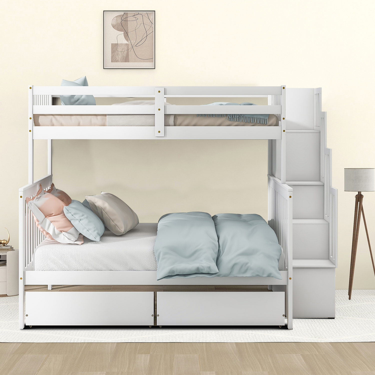 Classic Minimalist Style Wooden Bunk Bed with Staircases and 2 Drawers, White
