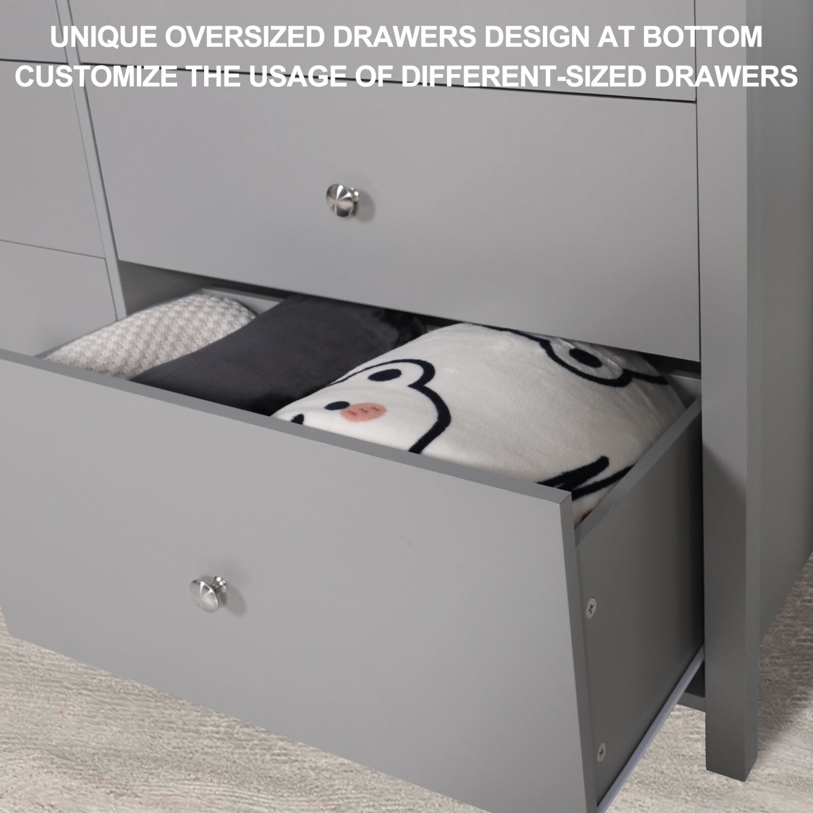 VEIKOUS  6-Drawer Dresser Chest of Drawers Long Storage Dresser,with replaceable knob Grey - 6-drawer