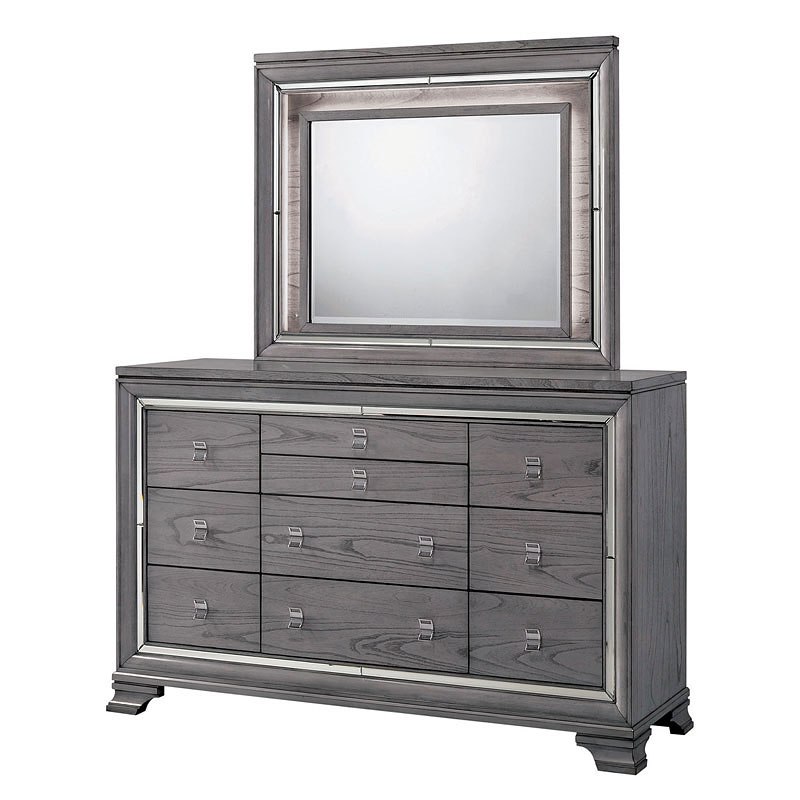 Contemporary Style Gray Color Finish Fabric Bedroom Furniture 4pc Queen Size Set Solid wood Dresser Nightstand Mirror