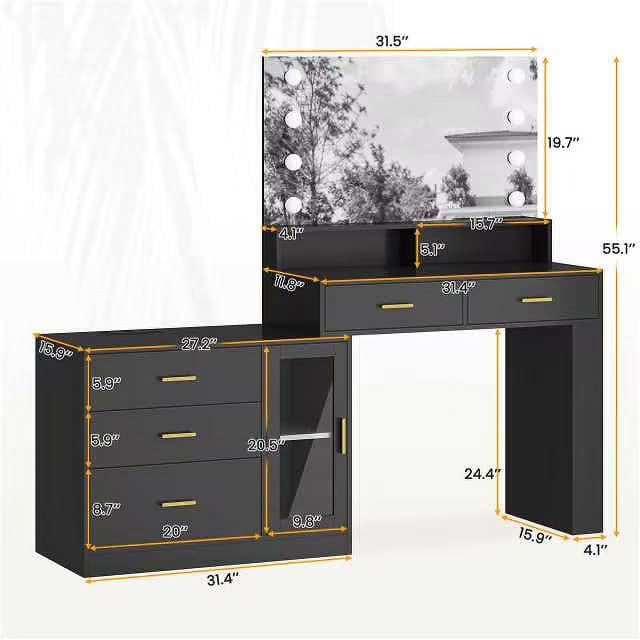 Vanity Table with Charging Station, Makeup Dressing Desk with 3 Drawers LED Dresser, Black