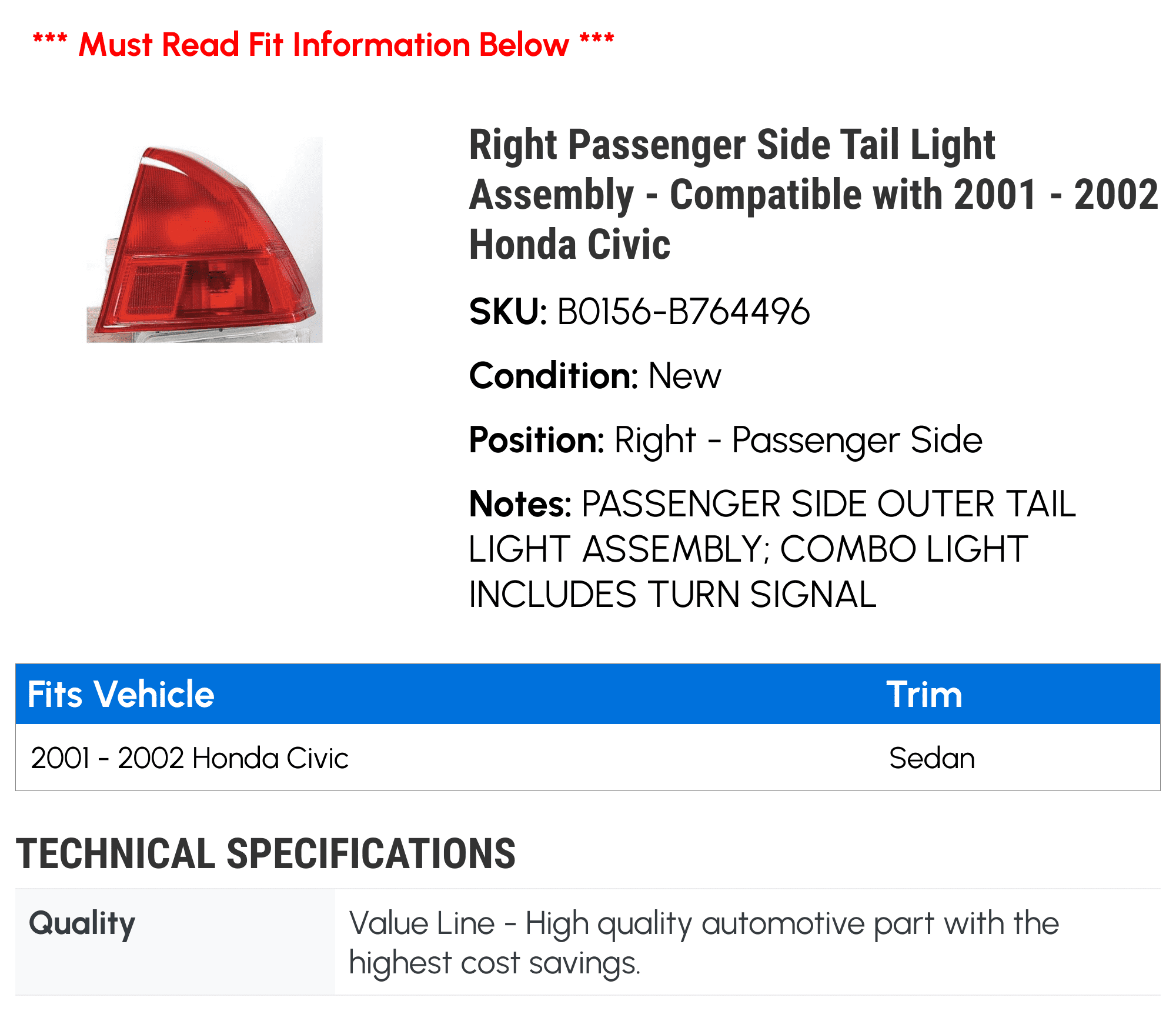 Right Passenger Side Tail Light Assembly - Compatible with 2001 - 2002 Honda Civic