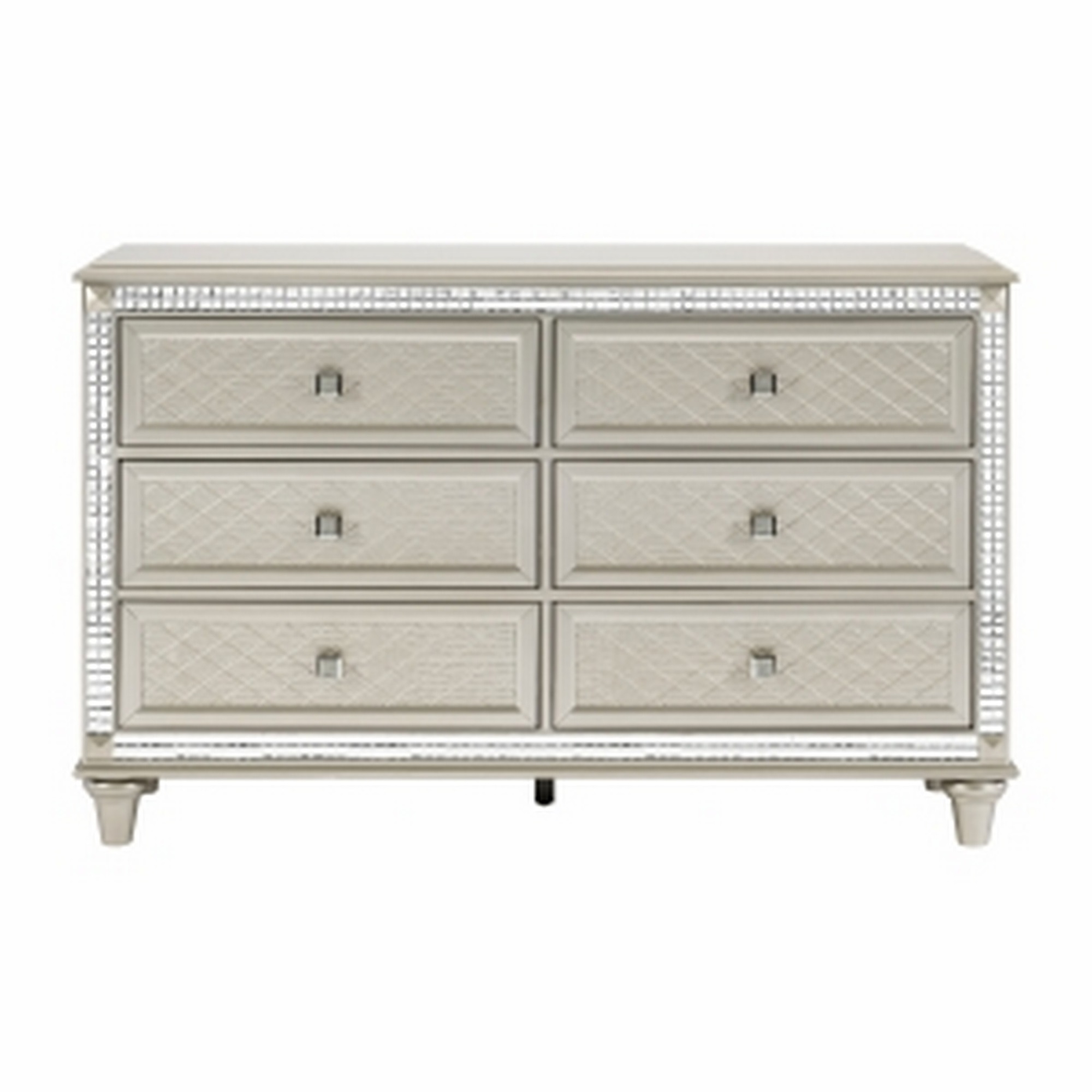 Benjara BM301066 61 in. 6 Drawers & Acrylic Crystal Accents Juhi Wide Dresser, Silver