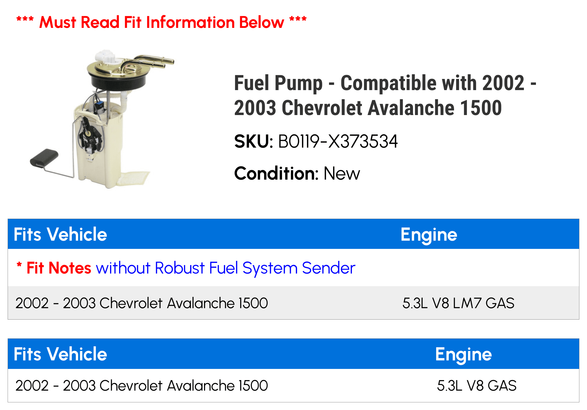 Fuel Pump - Compatible with 2002 - 2003 Chevy Avalanche 1500