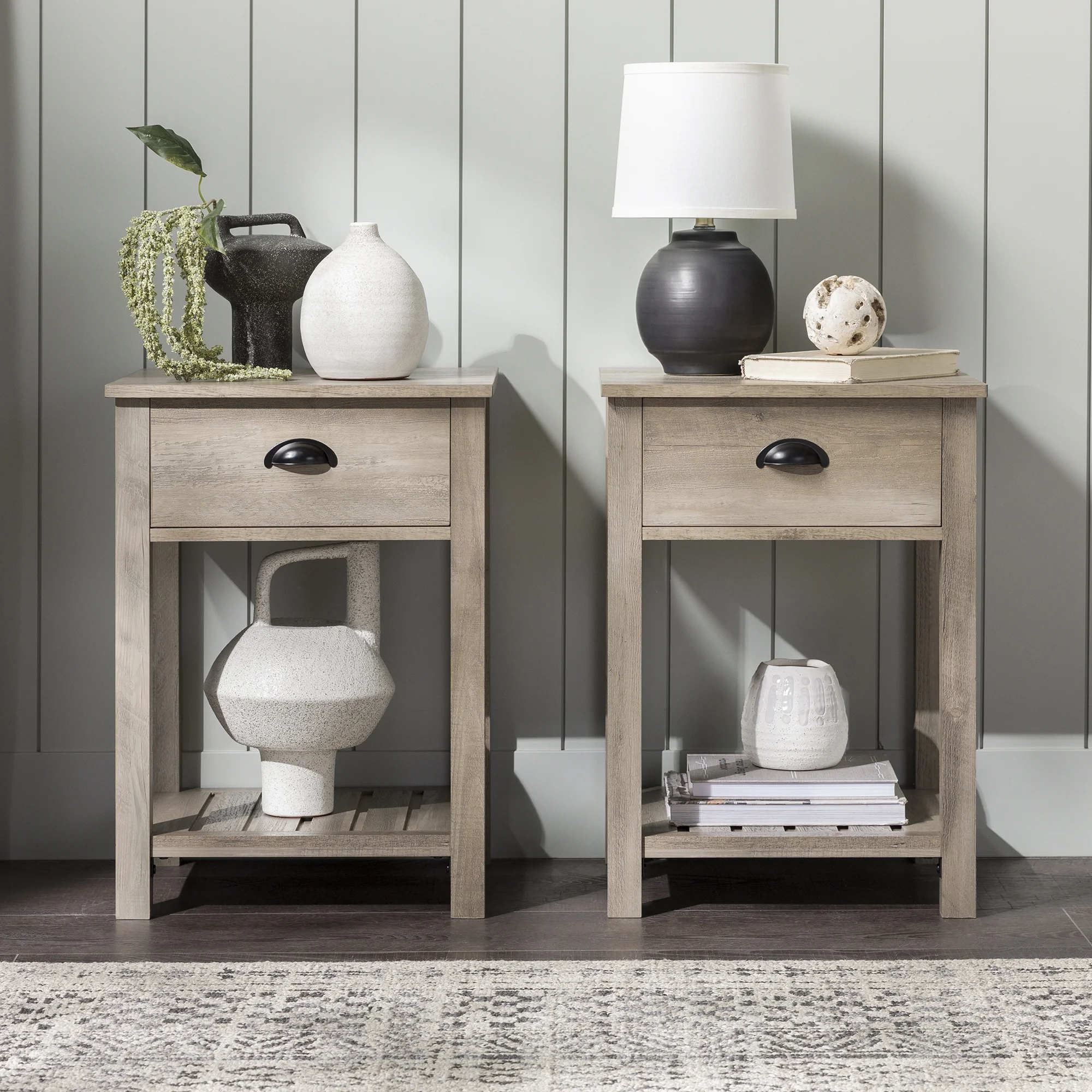 Walker Edison Modern Farmhouse 1 Drawer End Table, Set of 2, Grey Wash