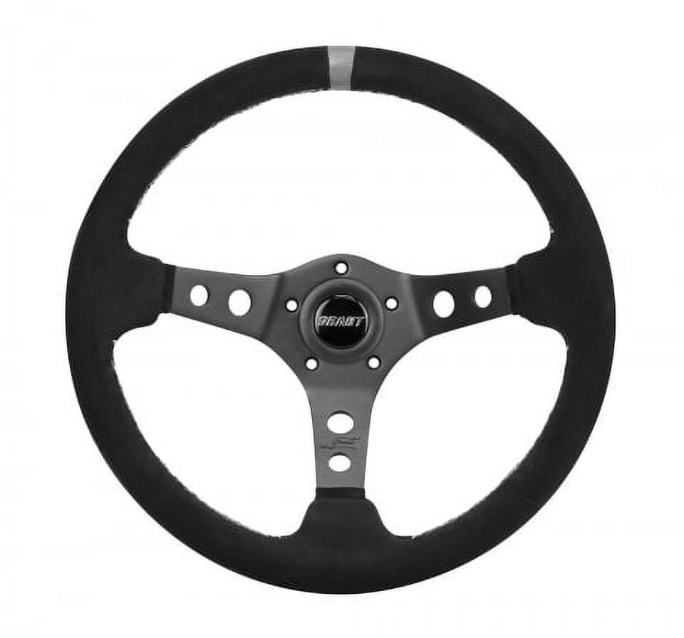 Grant 694 Performance/Race Series Aluminum Steering Wheel; 13.75 in. Diameter; 3 1/2 in. Dish; Ultra Suede w/Gray Top Marker; Aluminum 3-Spoke Design;