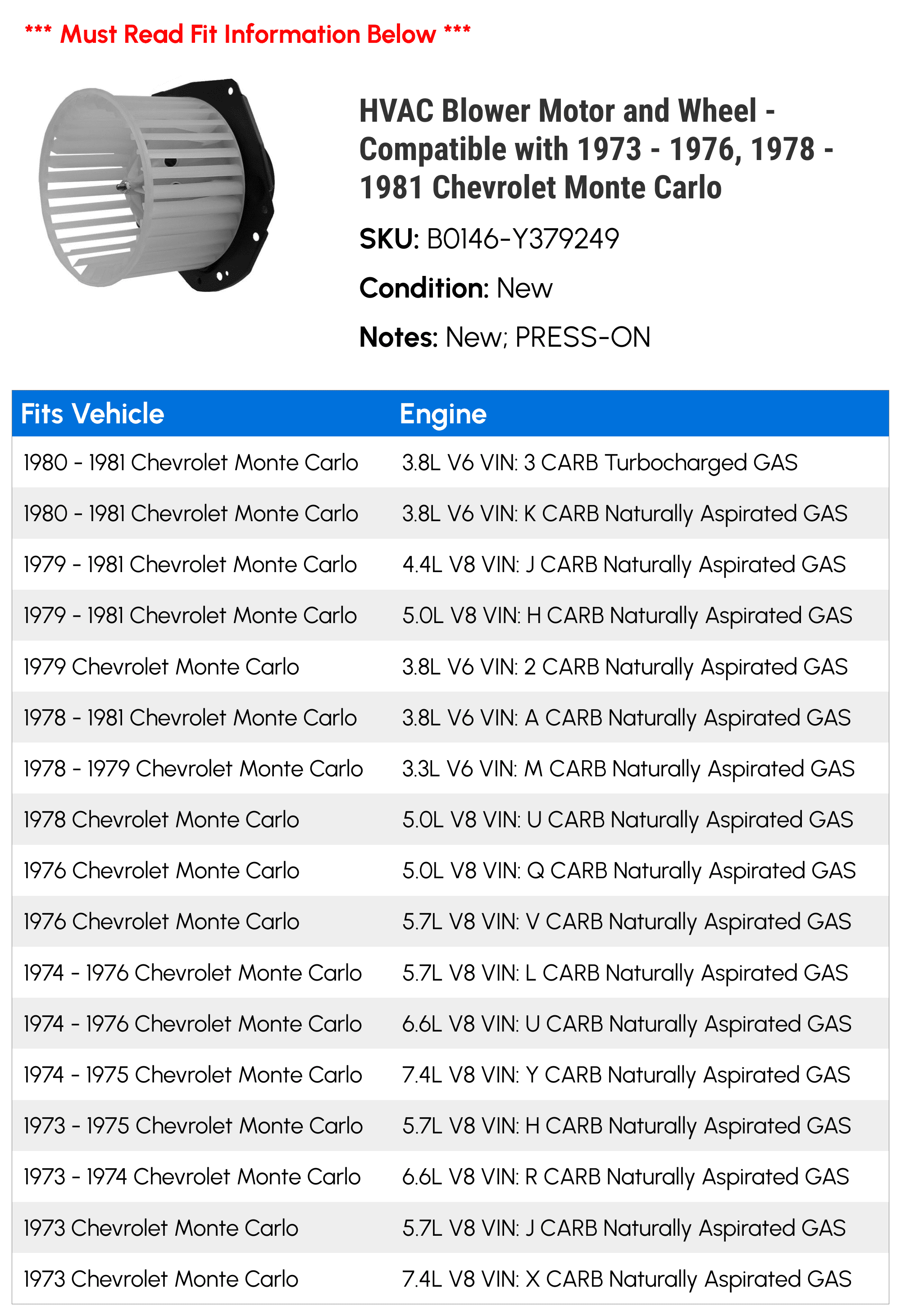 HVAC Blower Motor and Wheel - Compatible with 1973 - 1976, 1978 - 1981 Chevy Monte Carlo 1974 1975 1979 1980