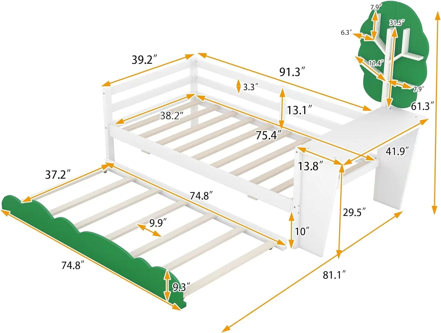 Daybed With 2 Drawers, Wood Size Daybed With Desk,Green Shelves, Storage Bed With Wood Slat Support For Kids Girls Boys, White