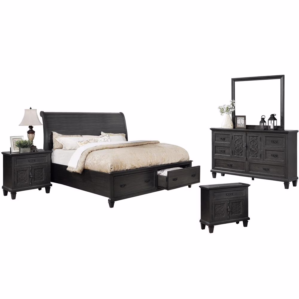 Platform Rustic Gray Wood Sleigh 5 Piece Bedroom Set in Queen