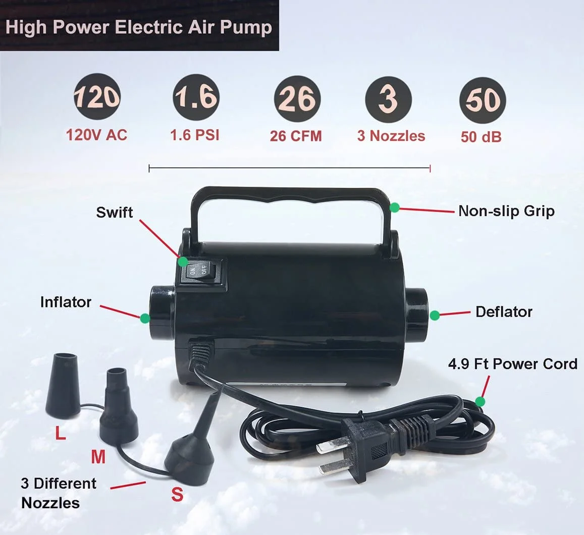 Electric Air Pump for Inflatable Pool Toys - High Power Quick-Fill Air Mattress Inflator Deflator Pump for Pool Float Raft Airbed with 3 Nozzles, 320W, 110V AC, 1.6PSI, Air Flow 26CFM Black