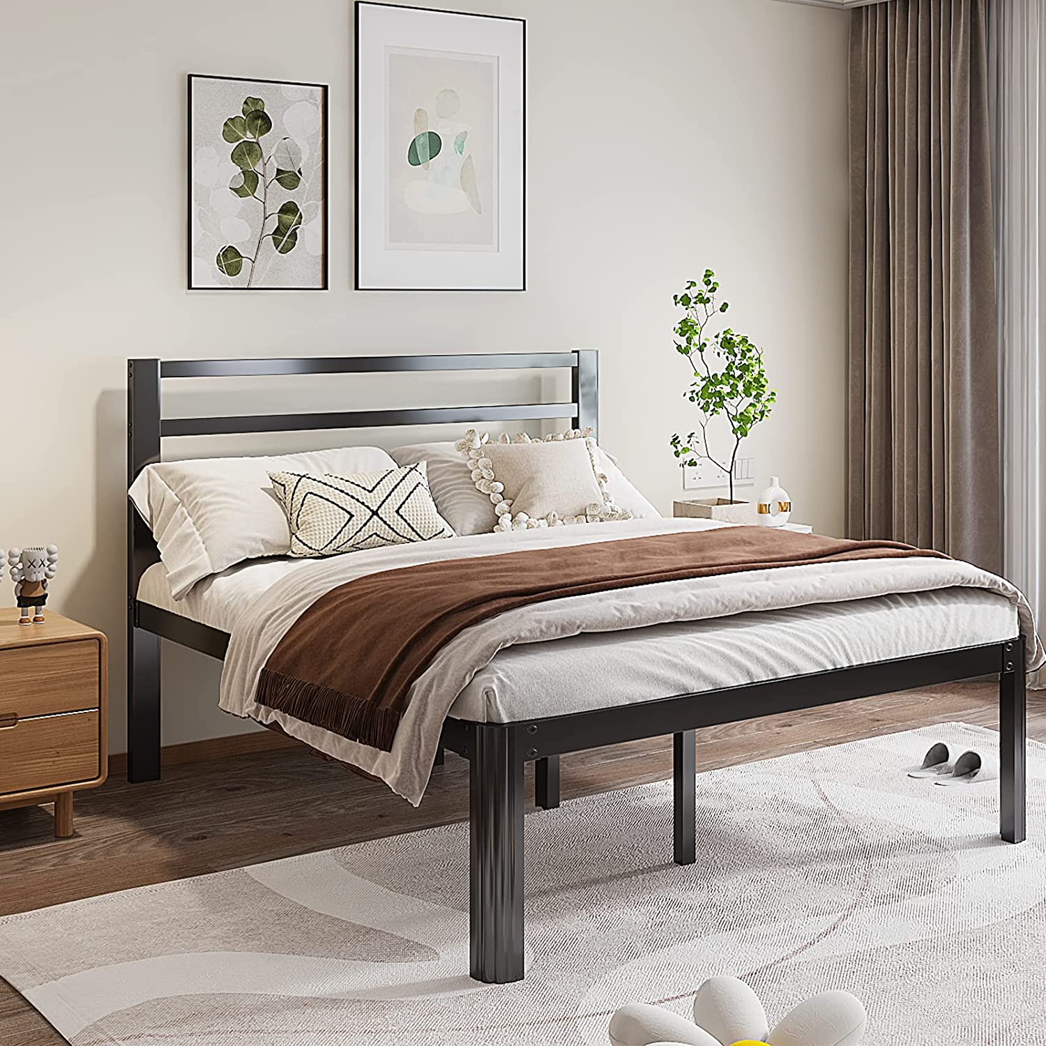 Woozuro Twin-XL Bed-Frame with Headboard  18-Inch Heavy Duty Metal Platform Bed Frames with Round-Corner Leg  No Box Spring Needed  Non Slip Mattress-Foundation  Noise Free  Easy Assembly