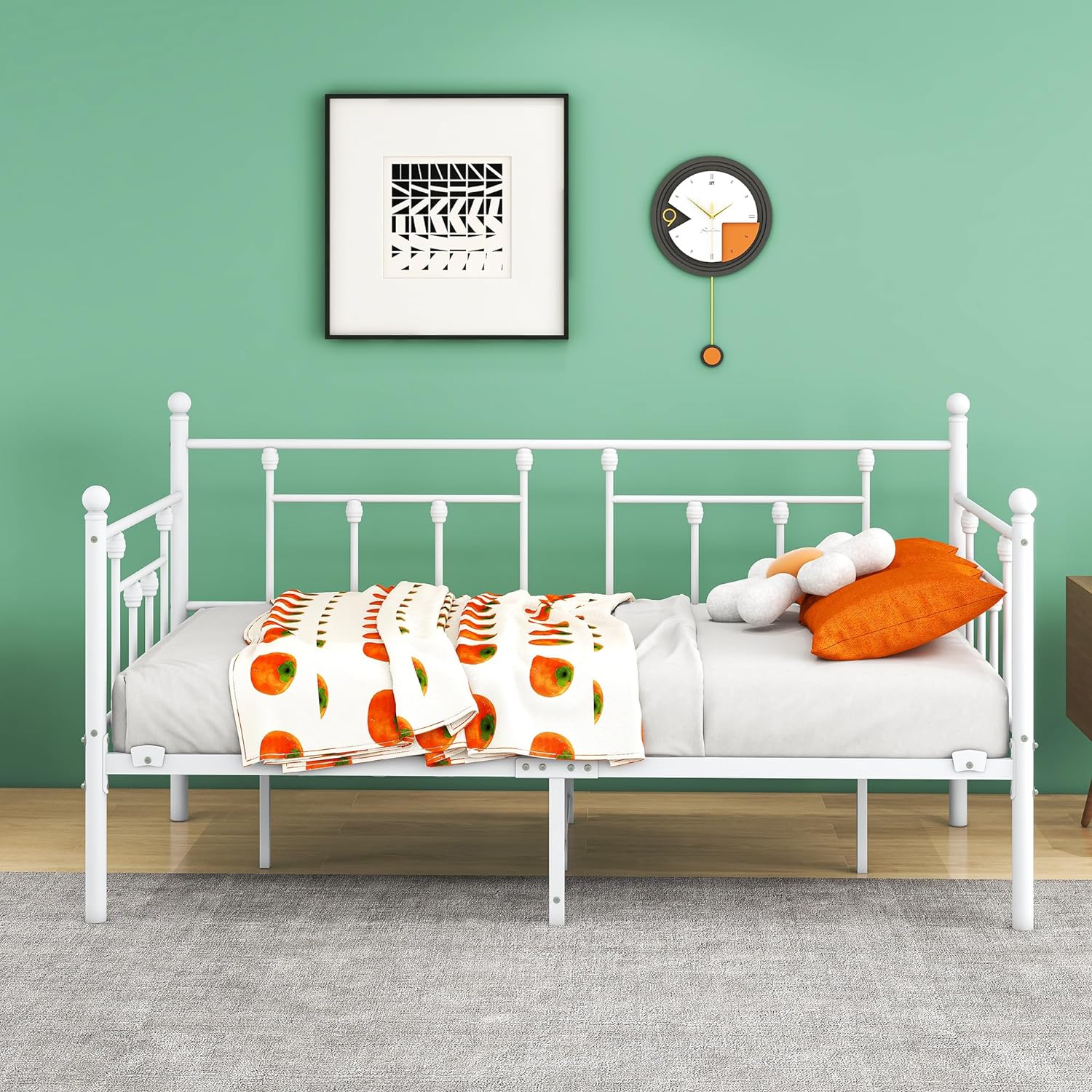 YGDU Metal Daybed Frame Set Premium Steel Slat Support Daybed and Roll Sofa Bed (Twin, White)