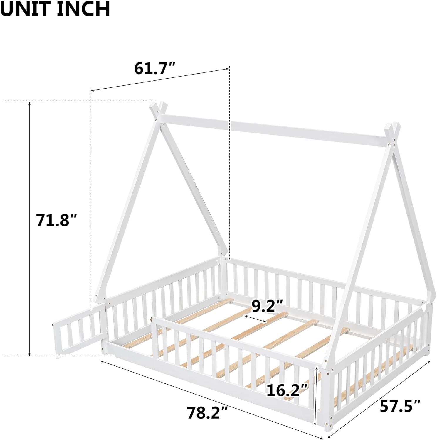 Full Size Floor Bed For Kids, Tet Bed Full Teepee Bed Frame With Fece Rails, Wood Motessori Floor Bed With Slats Ad Door For Girls Boys Bedroom Furiture, White