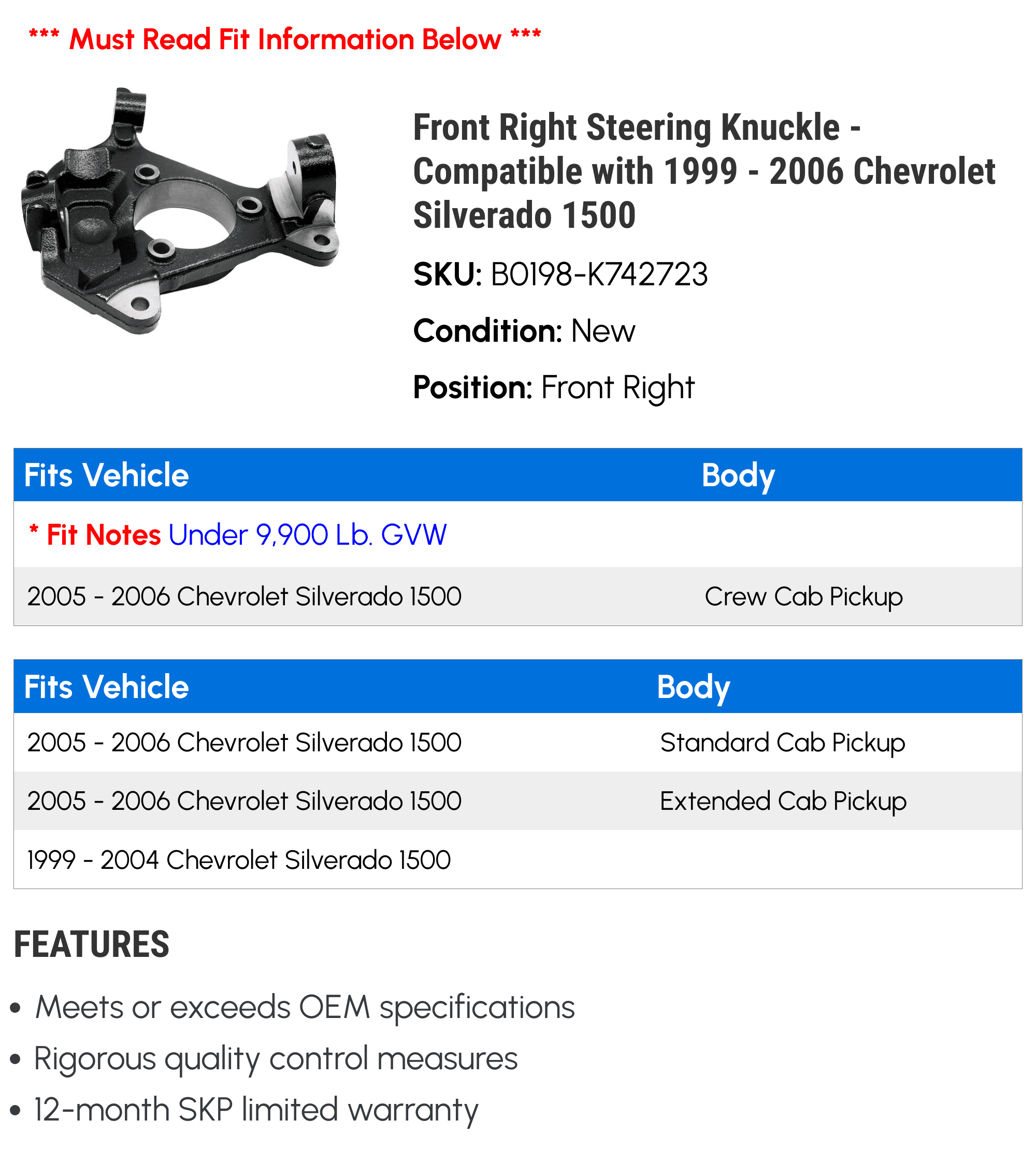 Front Right Steering Knuckle - Compatible with 1999 - 2006 Chevy Silverado 1500 2000 2001 2002 2003 2004 2005