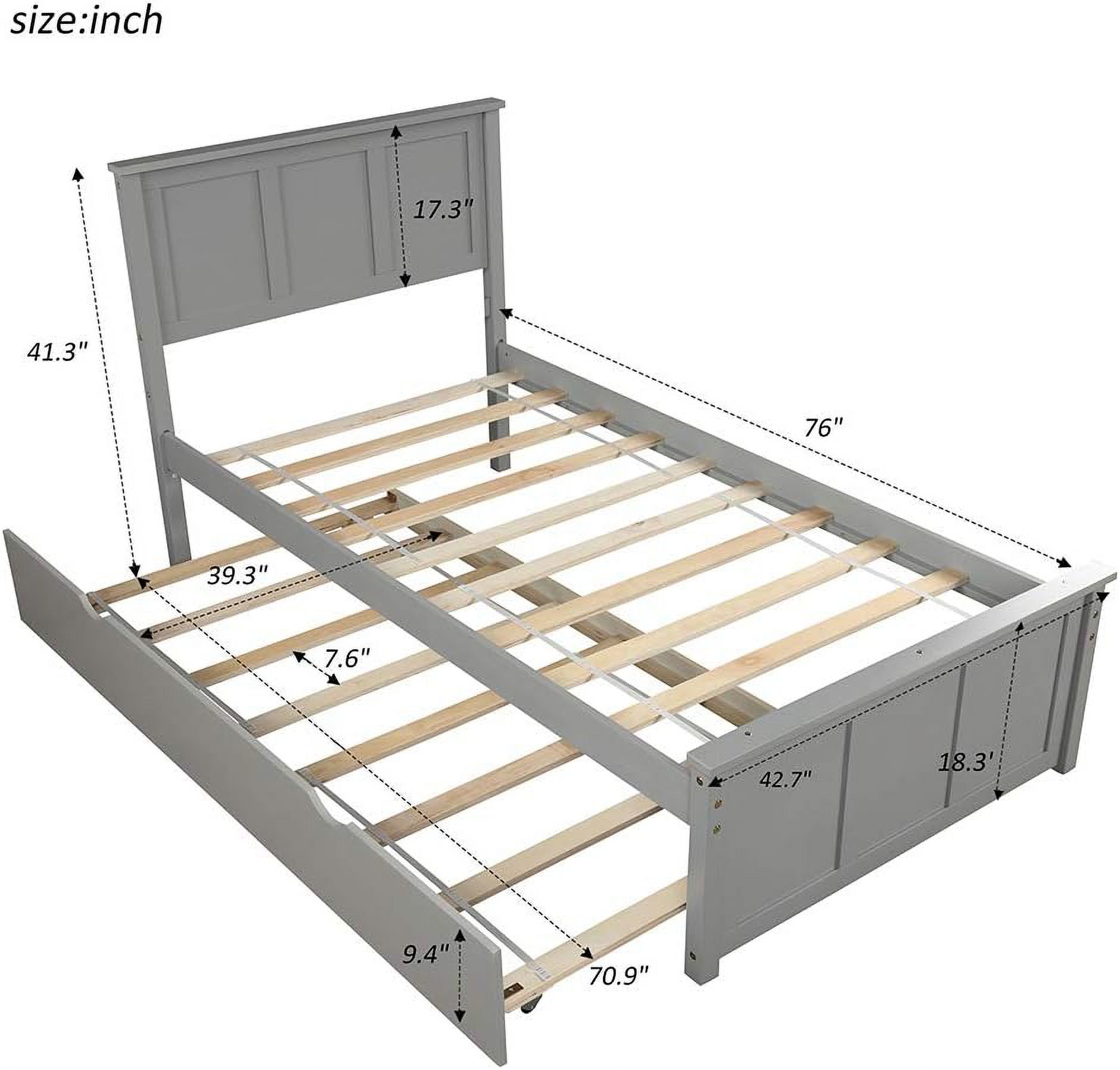 Bed Frame With Trundle, Kids Platform Bed With Pull Out Trundle,Solid Wood, No Box Spring Needed
