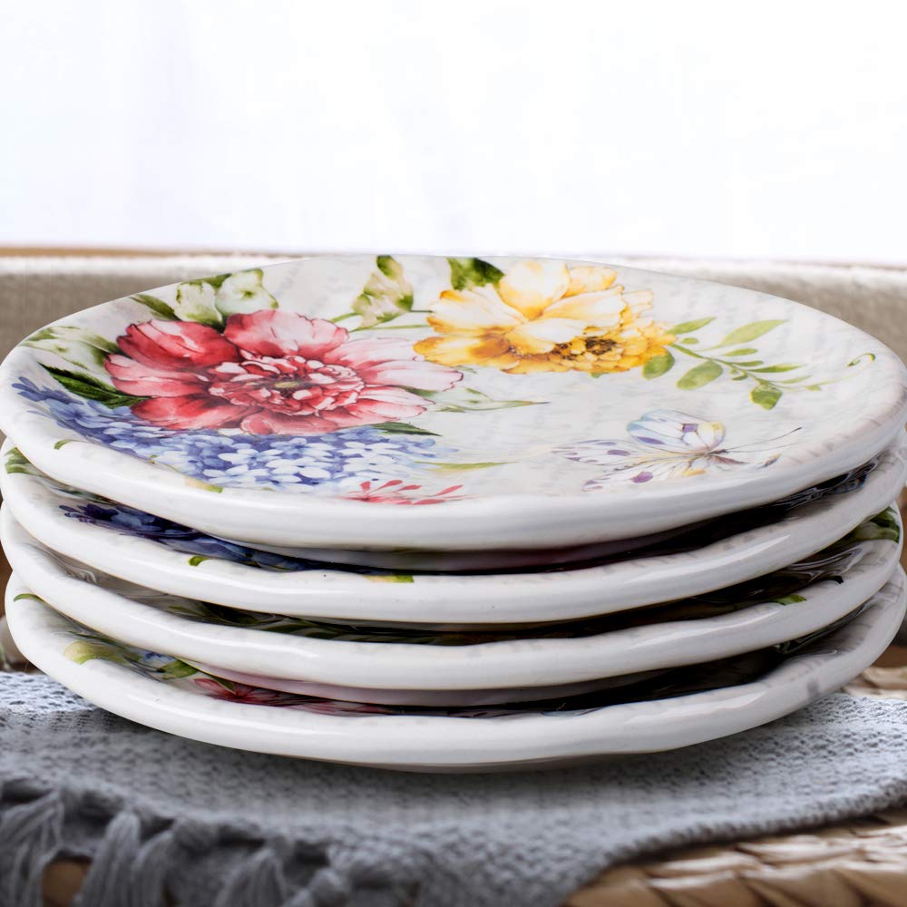 Porcelain Flower Butterfly Meadow Accent Plate set 10.5'' x 10.5'', White, Large, (set of 4)