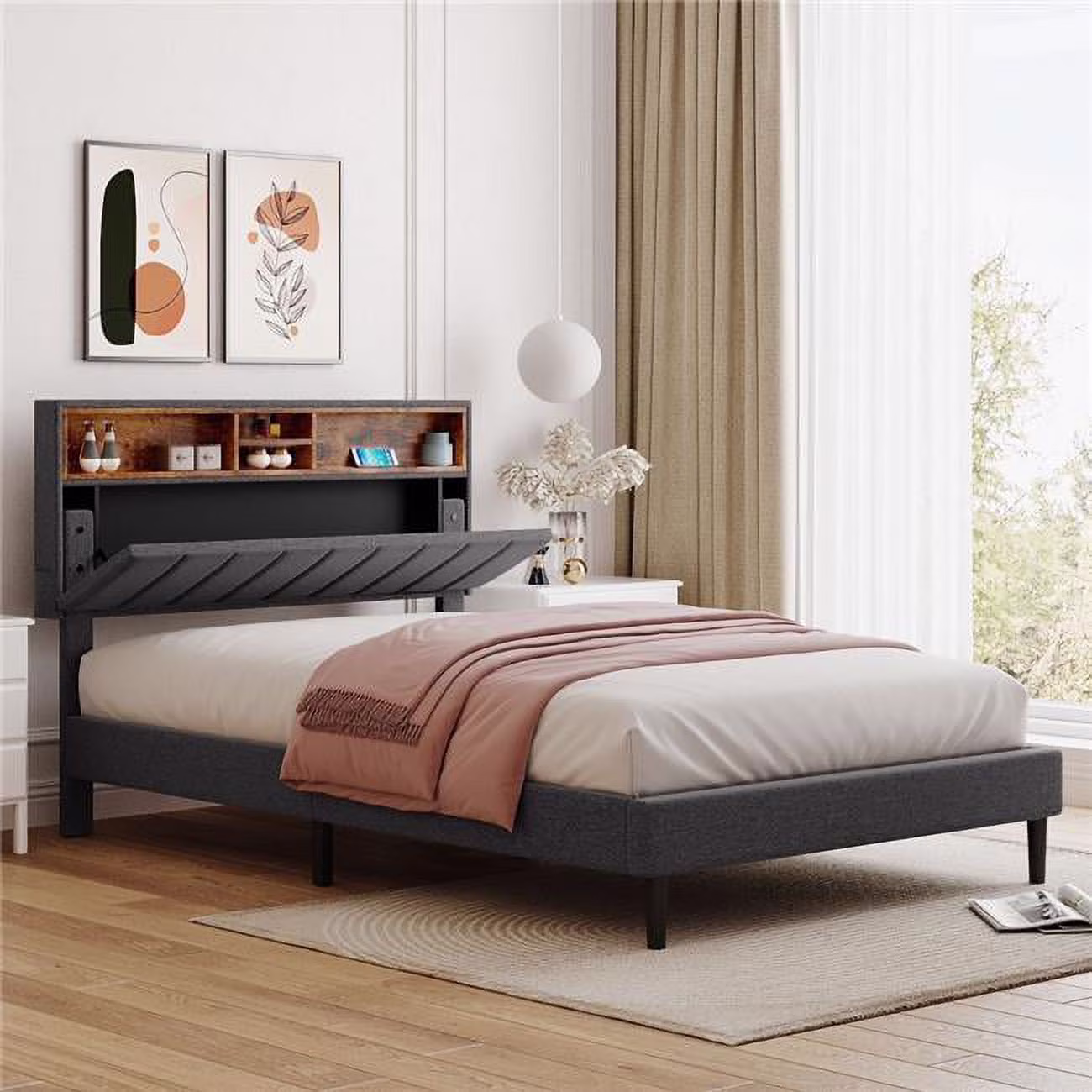 Full size Upholstered Platform Bed with Storage Headboard and USB Port, Grey