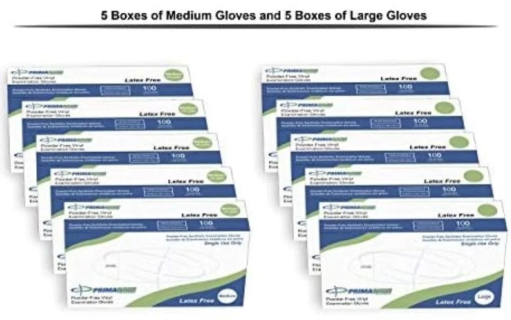 Primacare VG-2505WM Case Of 1000 Pieces Medical Vinyl Examination Gloves Disposable, Latex and Powder Free, 5 Packs Medium and 5 Packs Large Gloves