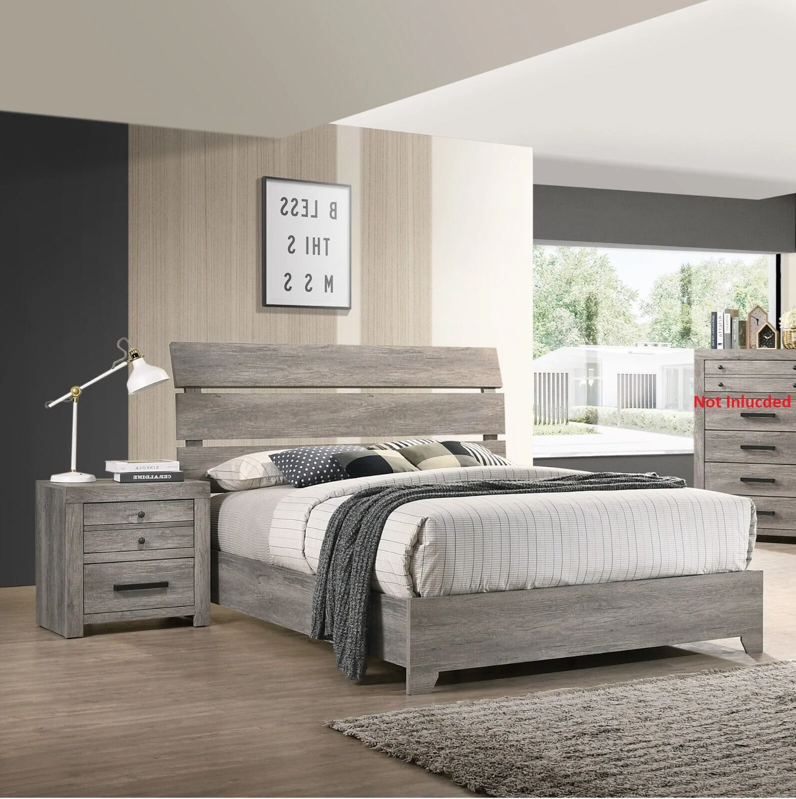 Contemporary Vintage Style King Size 3Pc Bedroom Set Platform Bed and 2x Nightstands Wooden Furniture