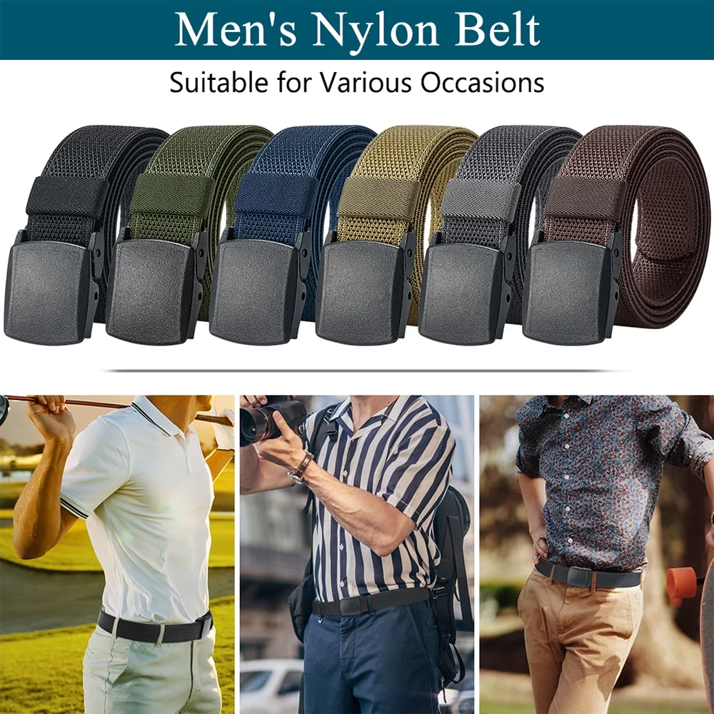 Men's Nylon Elastic Belts, Casual Web Belt Plastic Buckle for Hiking Golf, Adjustable Strap Trim to Fit for Jeans Below 46