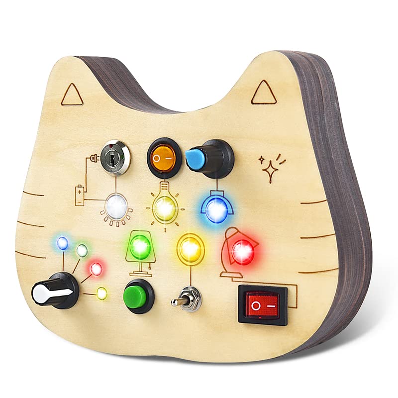 PXVDYQ Toddler Montessori LED Busy Board,Montessori Toy,Baby Sensory Board,Preschool Learning Activities,Light Switch Toy,Travel Toy,Wooden Toy Gift for Toddler Activity